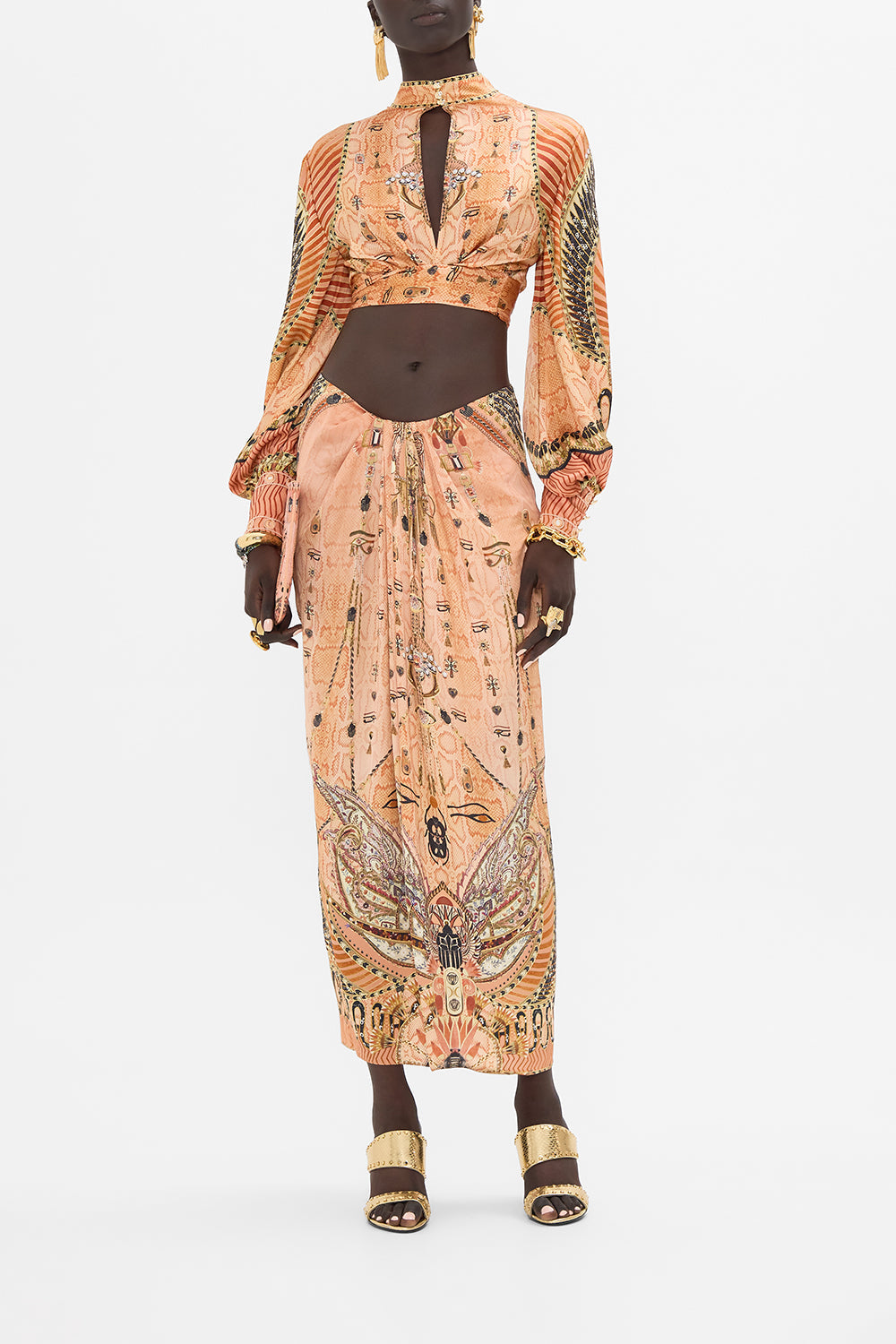 The Kingdom Of Hieroglyphs Drape Front Skirt With Split| CAMILLA