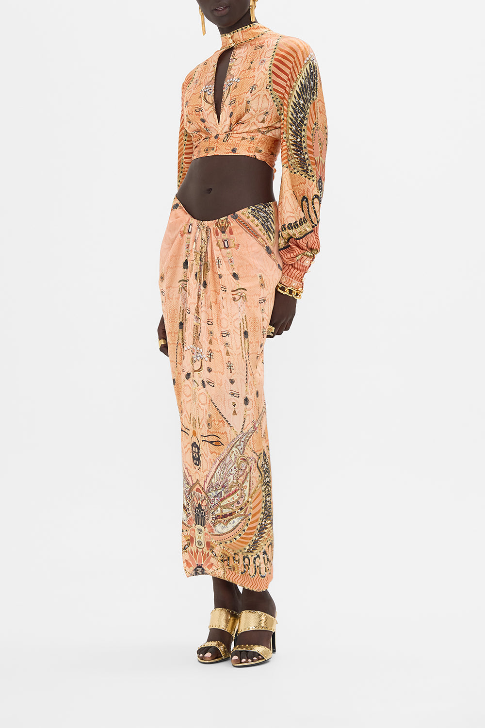 CAMILLA Gold Drape Front Skirt with Split in Kingdom of Hieroglyphs Print