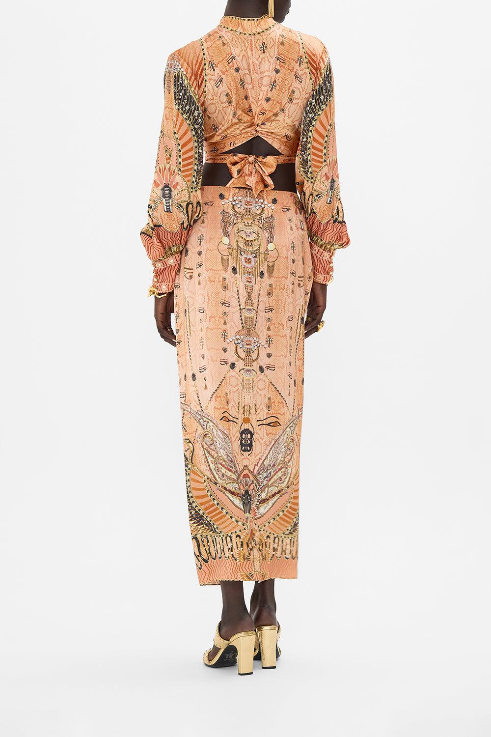 CAMILLA Gold Drape Front Skirt with Split in Kingdom of Hieroglyphs Print