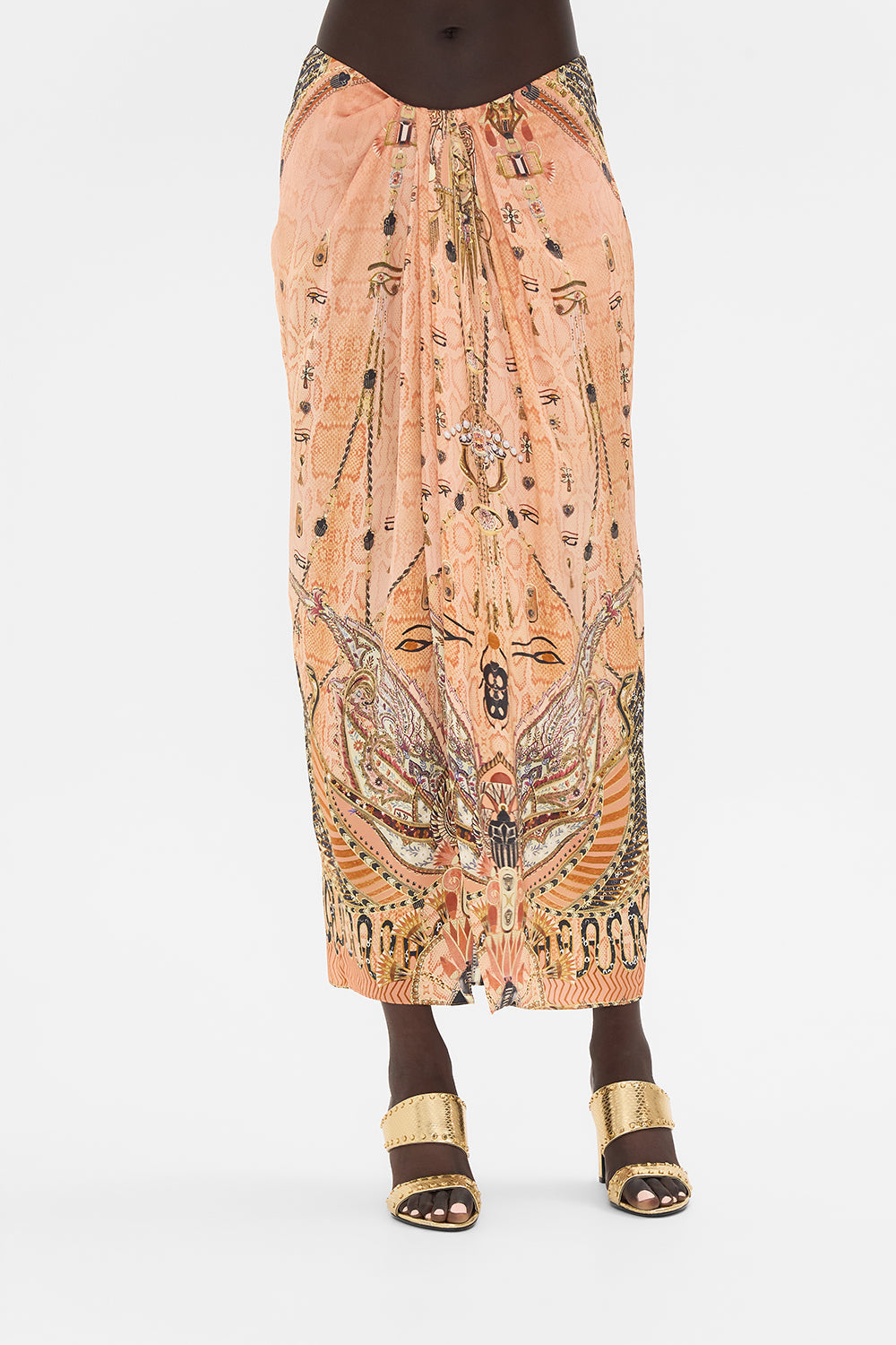 CAMILLA Gold Drape Front Skirt with Split in Kingdom of Hieroglyphs Print