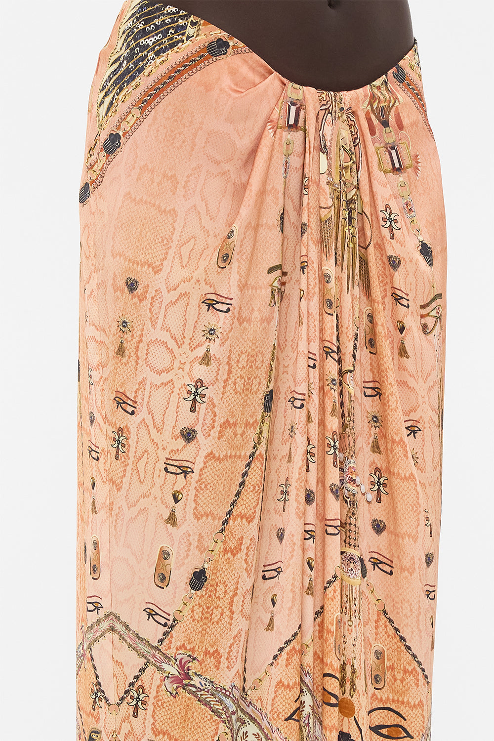 CAMILLA Gold Drape Front Skirt with Split in Kingdom of Hieroglyphs Print