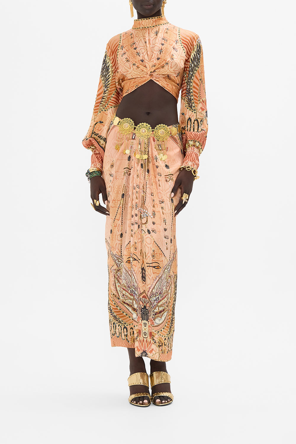 CAMILLA Gold Drape Front Skirt with Split in Kingdom of Hieroglyphs Print