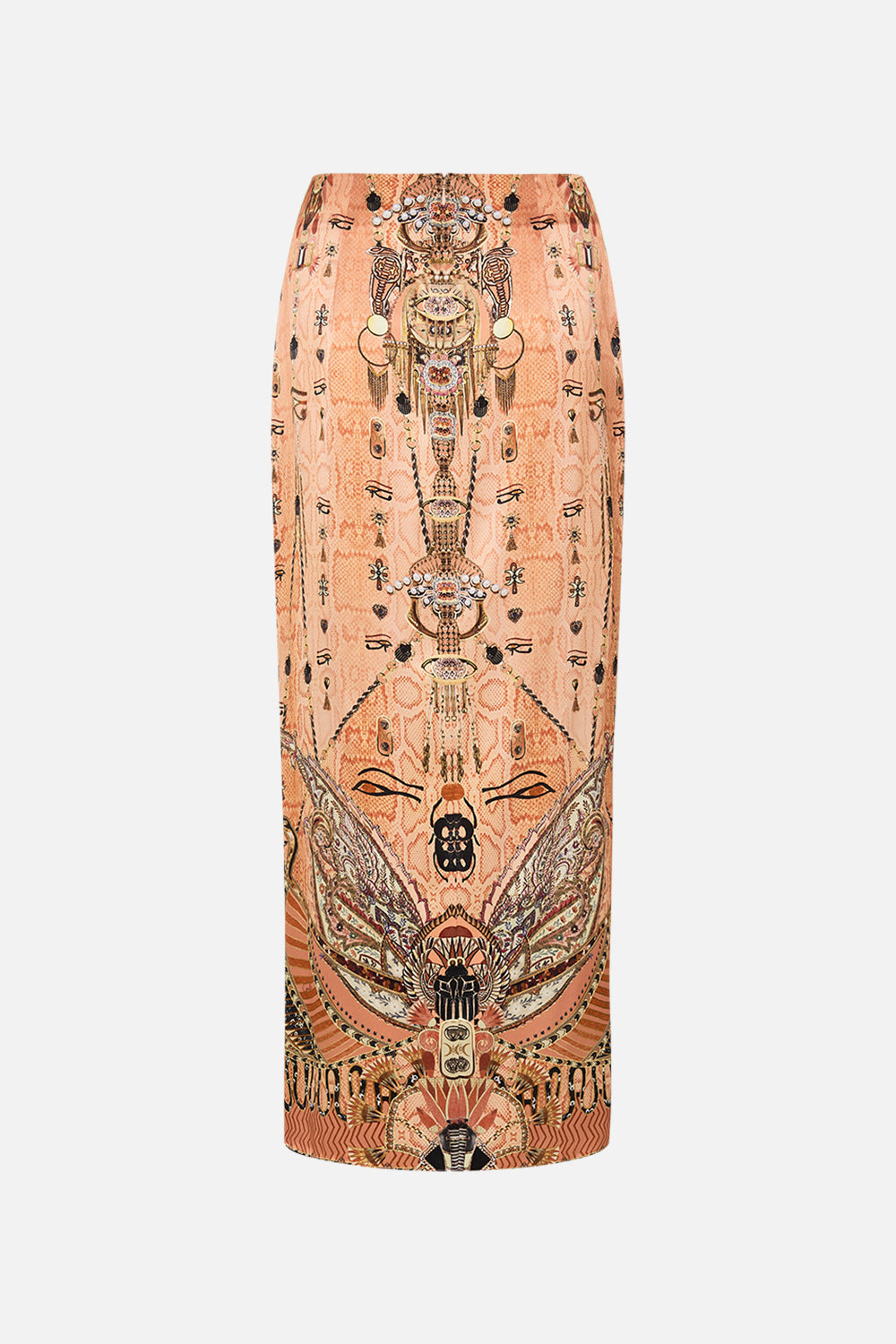 CAMILLA Gold Drape Front Skirt with Split in Kingdom of Hieroglyphs Print