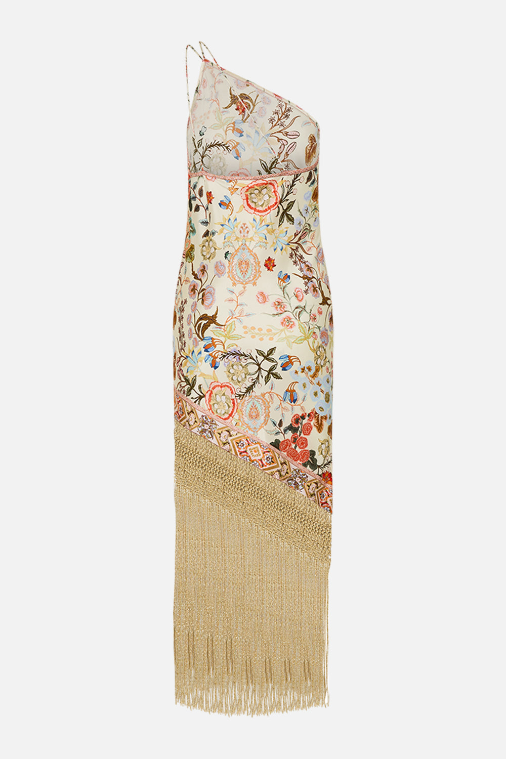 CAMILLA One Shoulder Dress with Fringe Hem in Honour of Heirlooms print