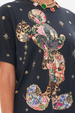 Detail view of model wearing Disney x CAMILLA womens black t shirt in Midnight At Minnies 