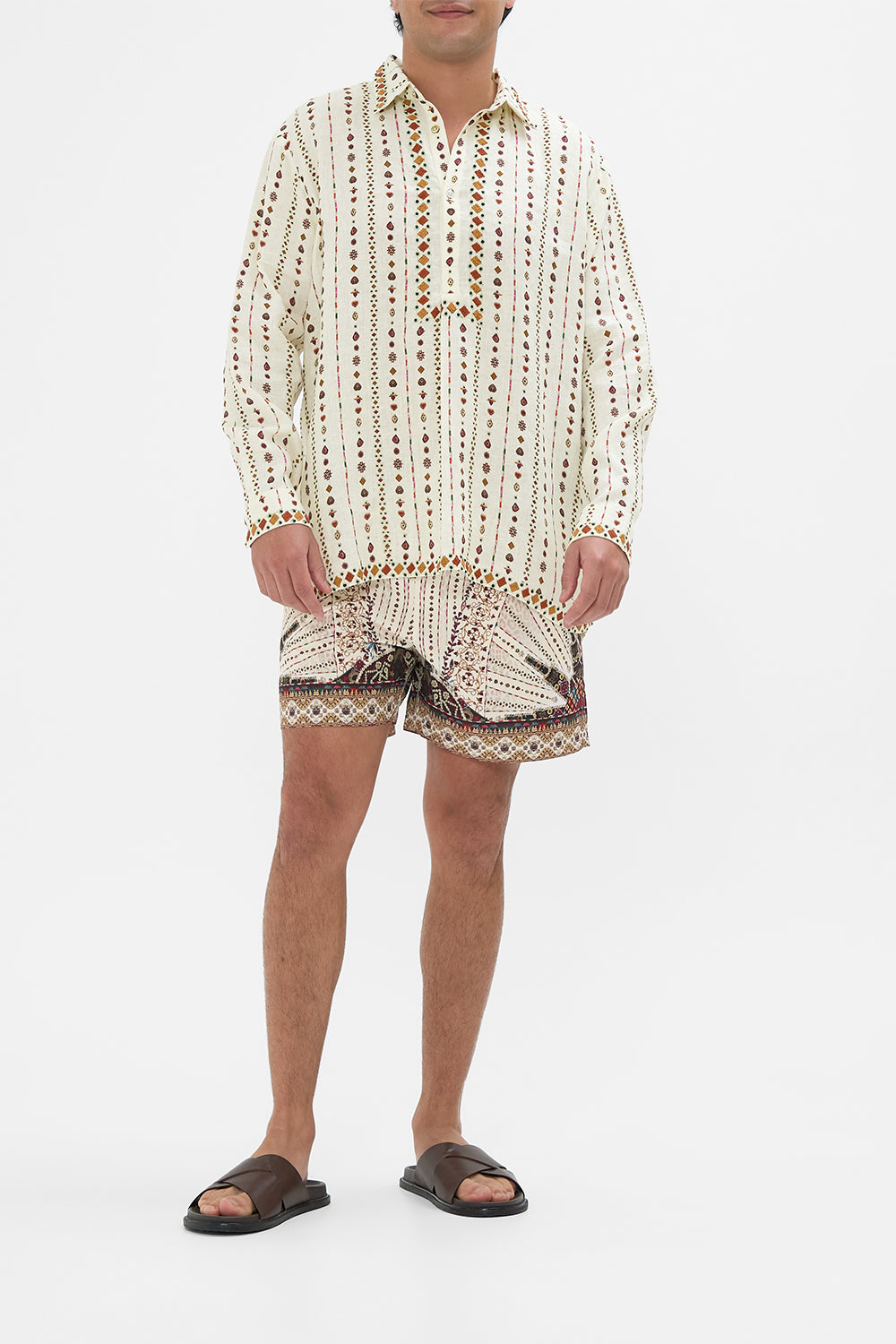 The CAMILLA MENS HALF PLACKET TUNIC SHIRT NOMAD NATURE in our NOMAD NATURE print.