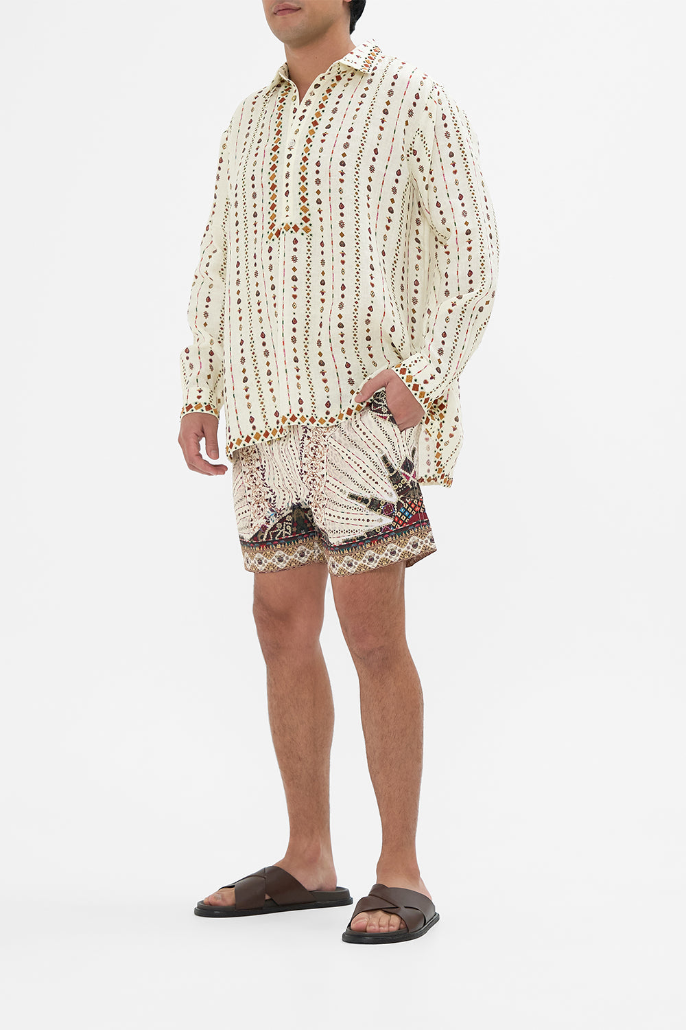 The CAMILLA MENS HALF PLACKET TUNIC SHIRT NOMAD NATURE in our  print.