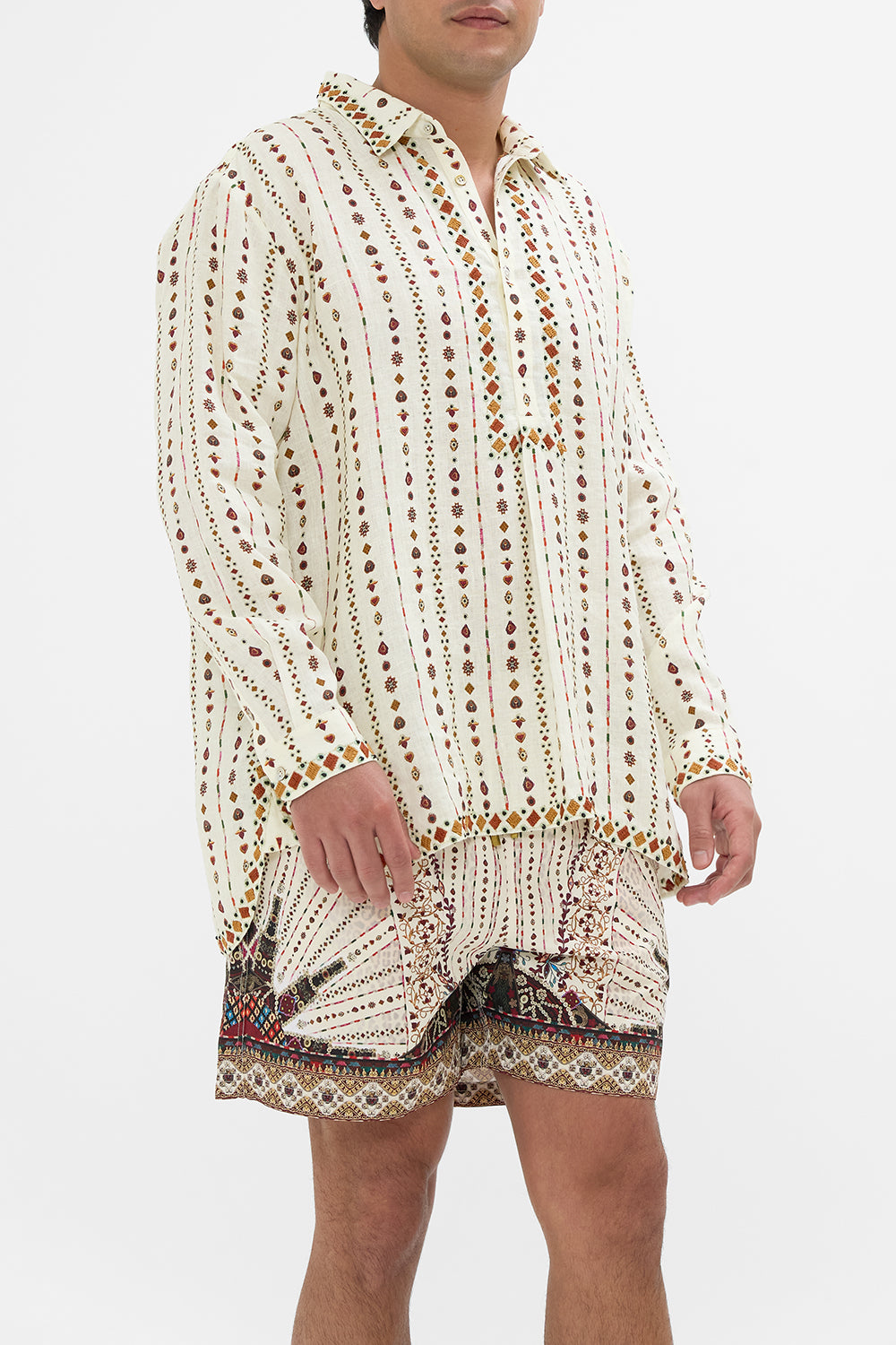 The CAMILLA MENS HALF PLACKET TUNIC SHIRT NOMAD NATURE in our  print.