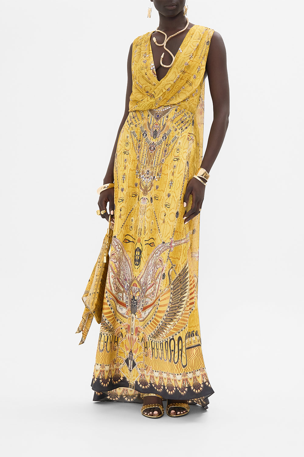 CAMILLA Gold Sleeveless Draped T-Back Long Dress in Valley of the Kings Print
