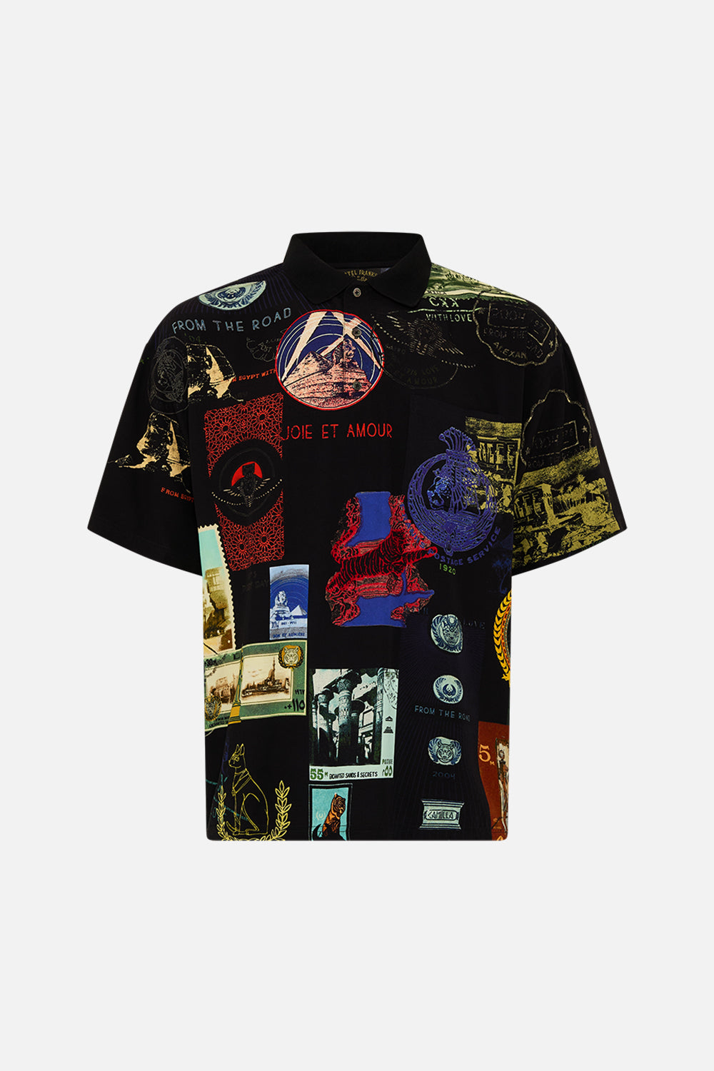 Hotel Franks By CAMILLA relaxed fit woven polo shirt in Haute Passport print.