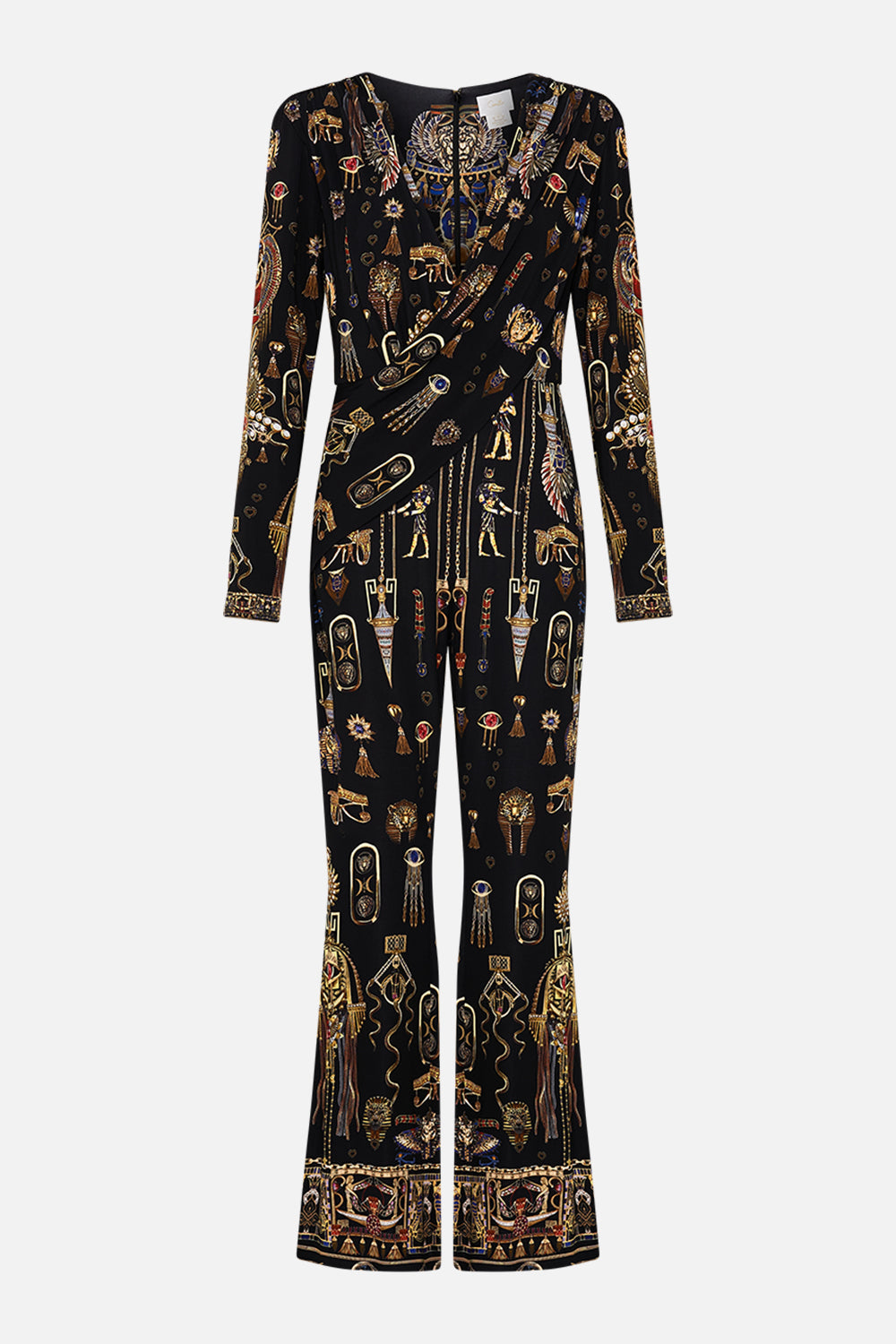 CAMILLA Draped V Neck Jersey Flared Jumpsuit in Cartouche Kingdom print. 