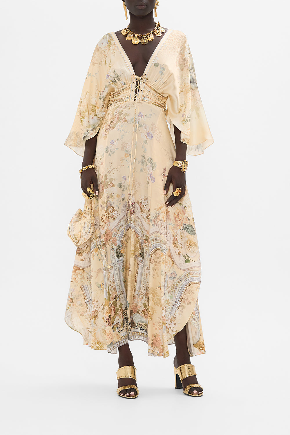 CAMILLA floral v neck lace detail long dress in Adorned in Antiquity print. 