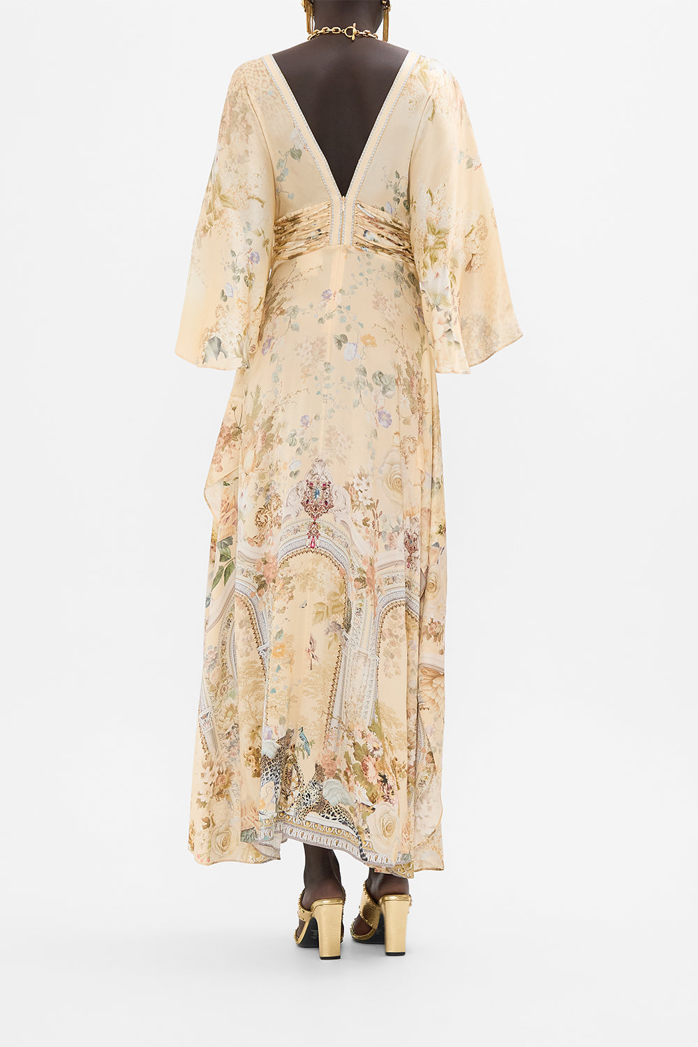 CAMILLA floral v neck lace detail long dress in Adorned in Antiquity print. 