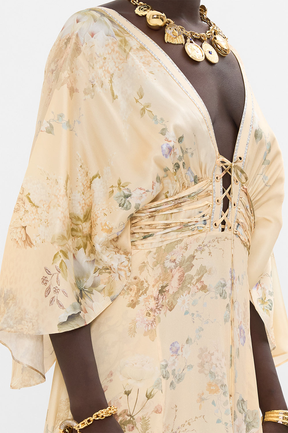 CAMILLA floral v neck lace detail long dress in Adorned in Antiquity print. 