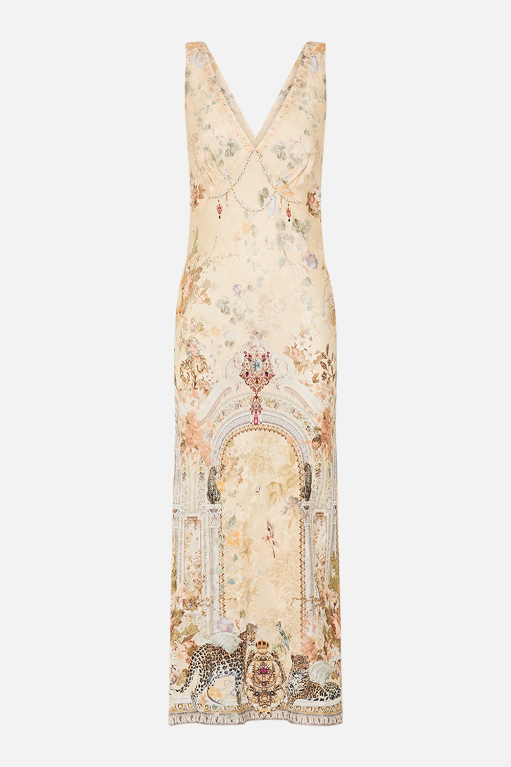 CAMILLA floral v neck jacquard slip dress in Adorned in Antiquity print. 