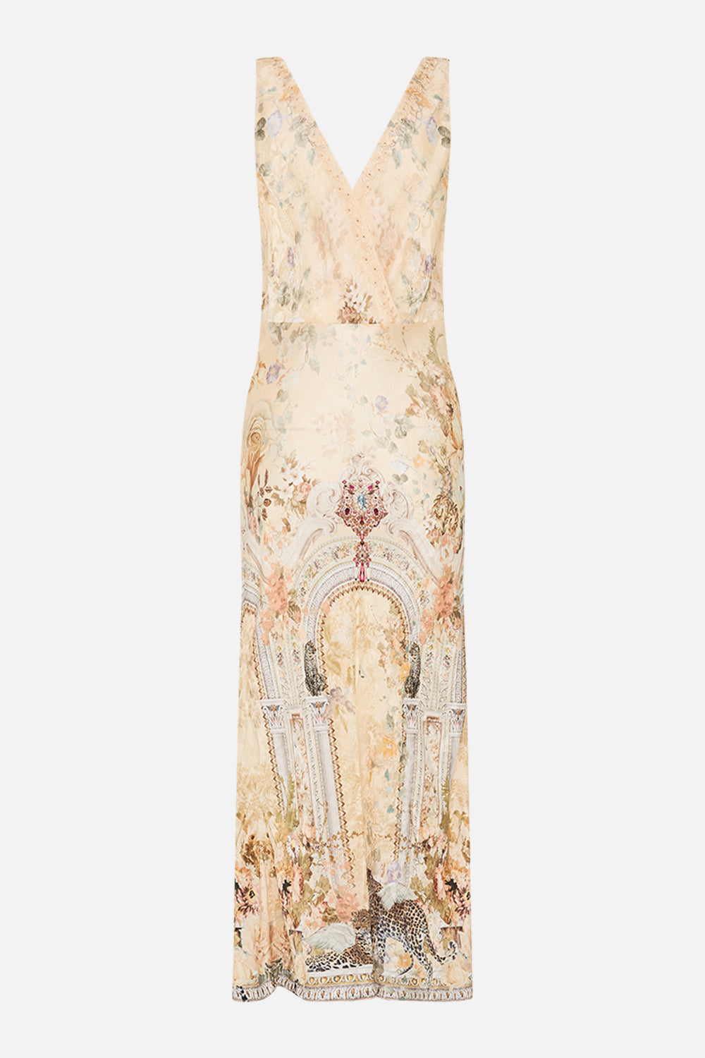 CAMILLA floral v neck jacquard slip dress in Adorned in Antiquity print. 