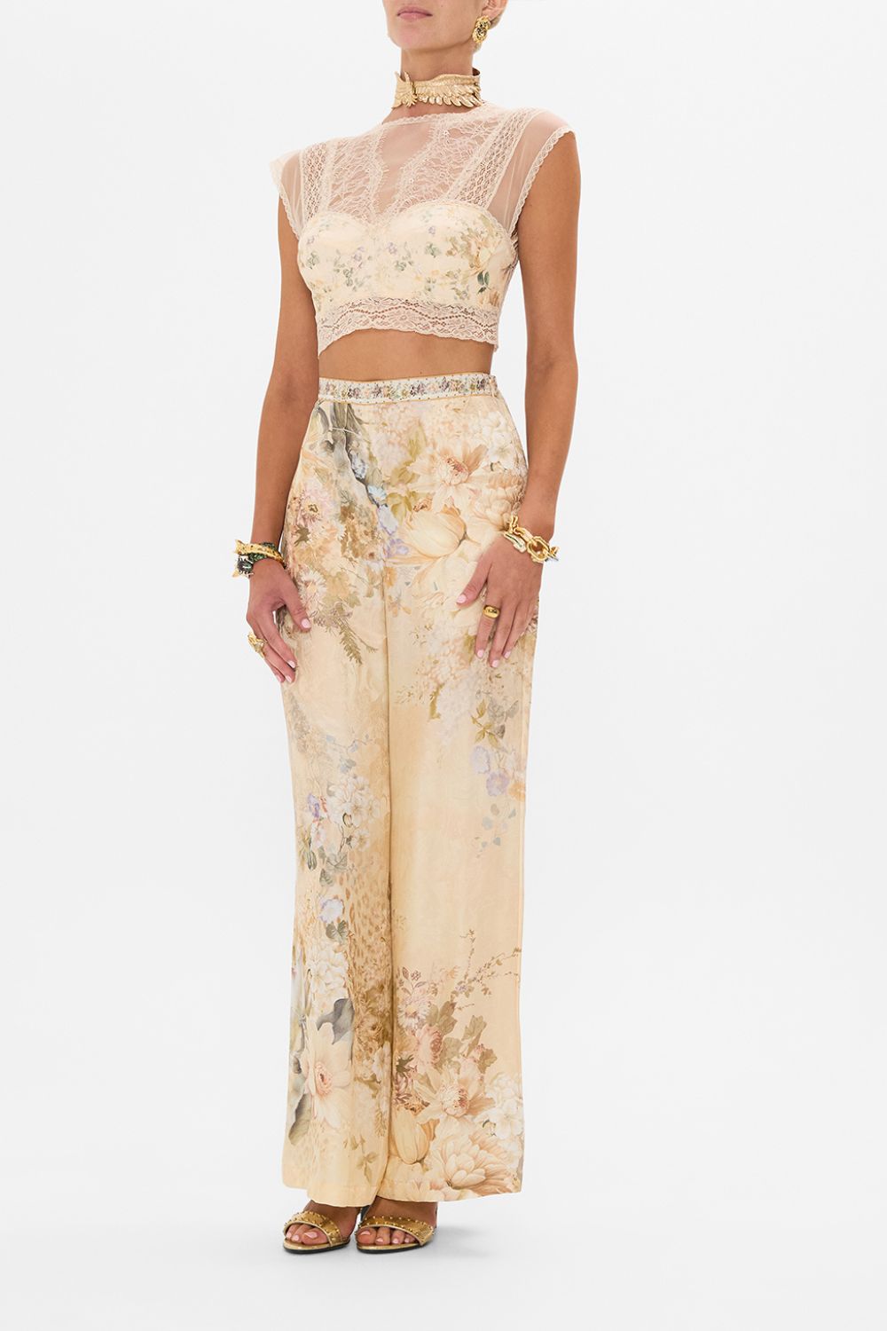 CAMILLA floral lace splice top in Adorned in Antiquity print. 