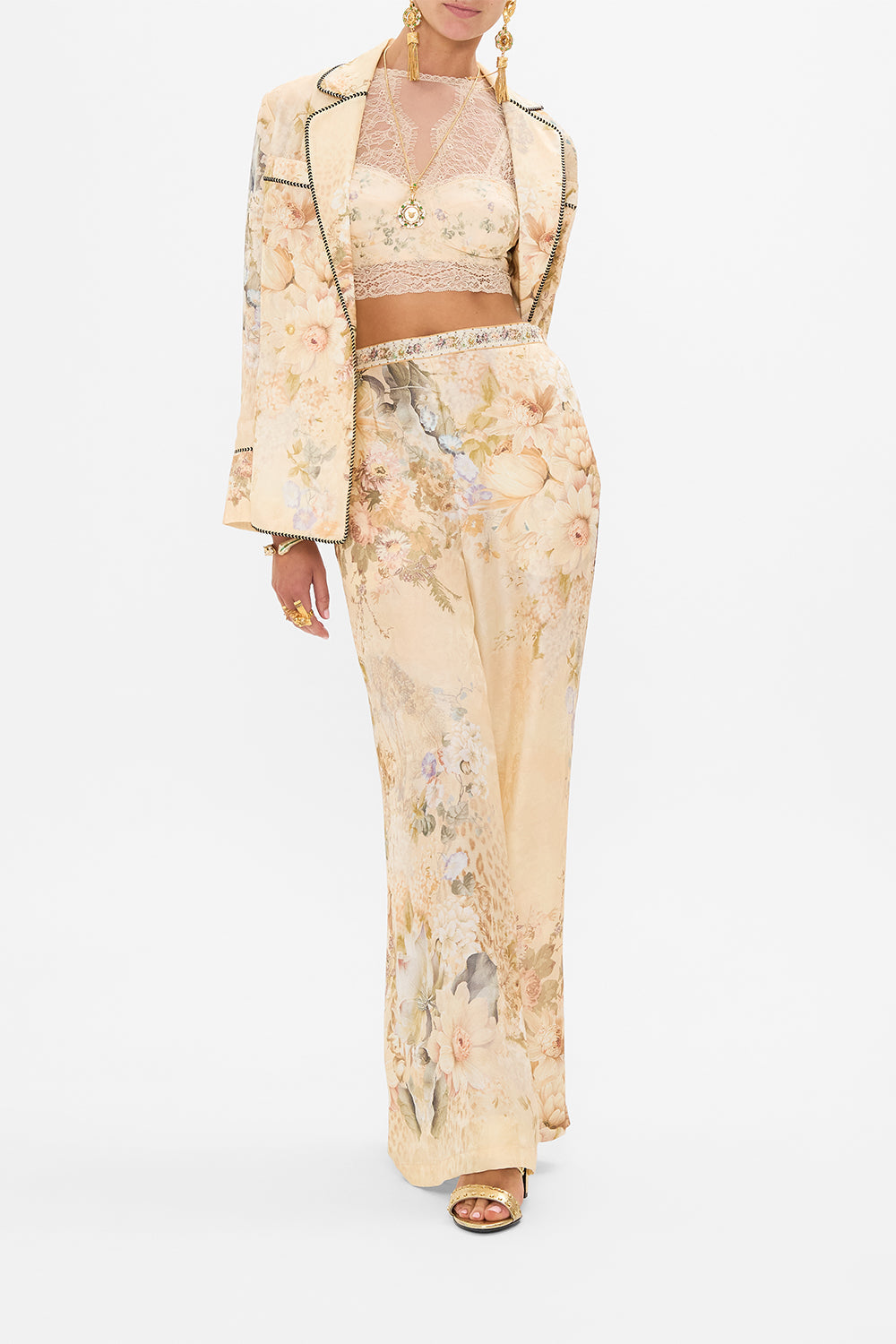 CAMILLA floral lace splice top in Adorned in Antiquity print. 