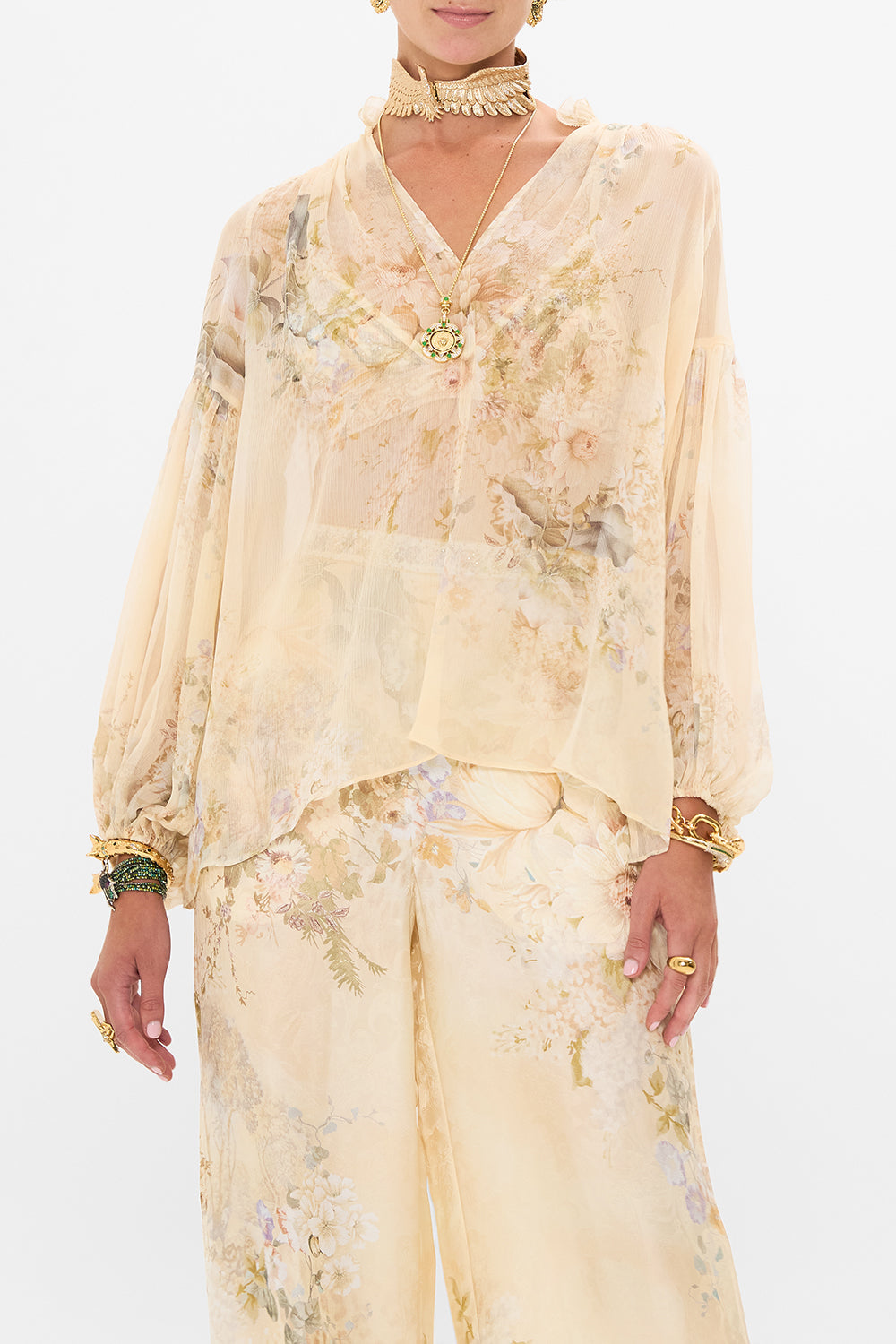 CAMILLA floral frill collared blouse in Adorned in Antiquity print. 