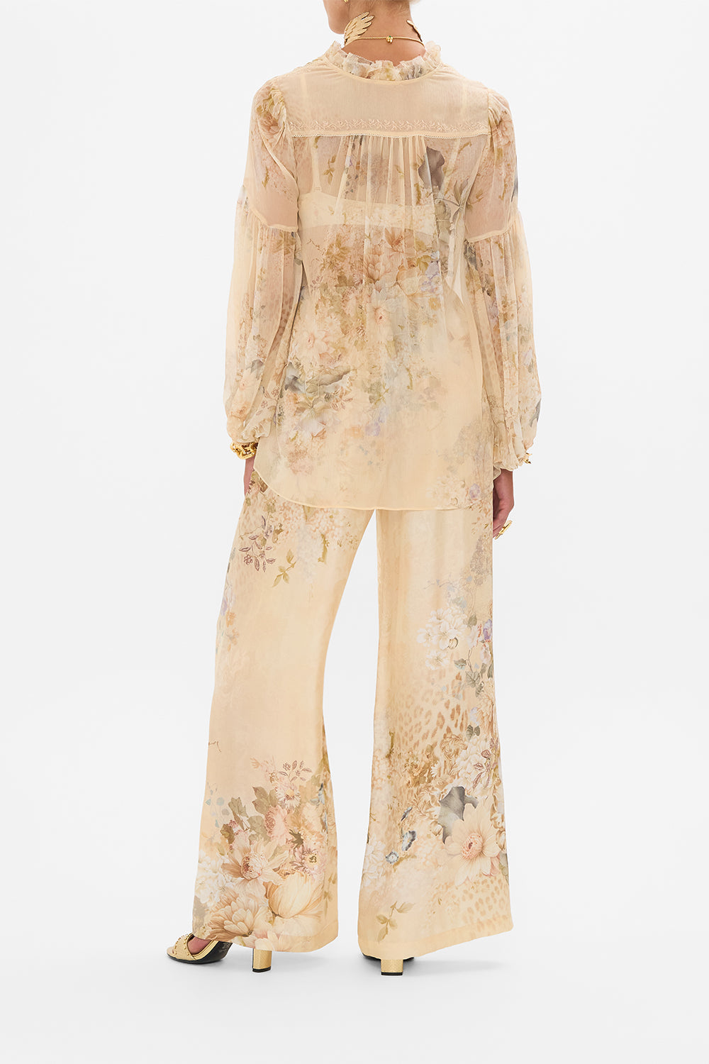 CAMILLA floral frill collared blouse in Adorned in Antiquity print. 