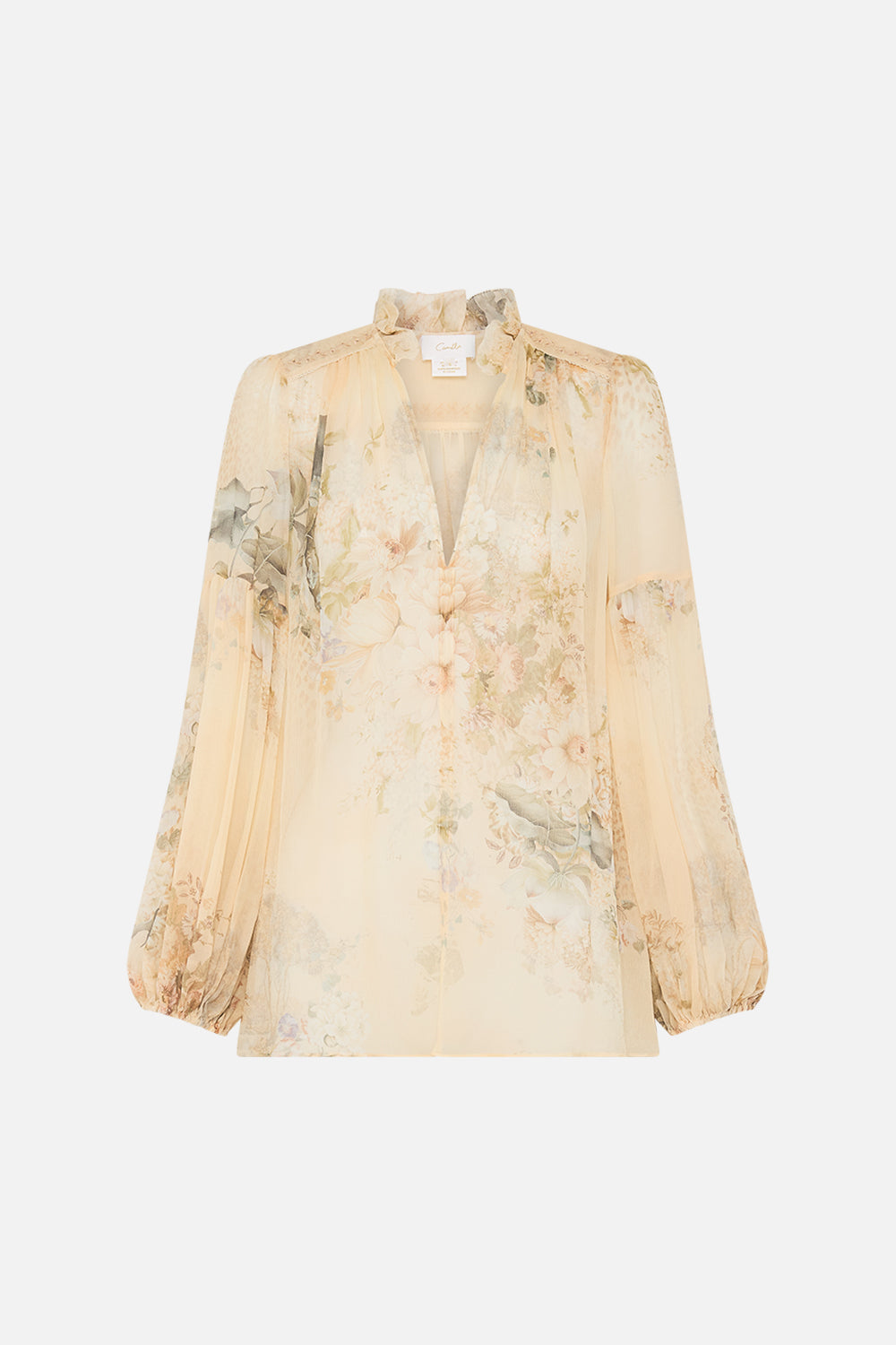 CAMILLA floral frill collared blouse in Adorned in Antiquity print. 