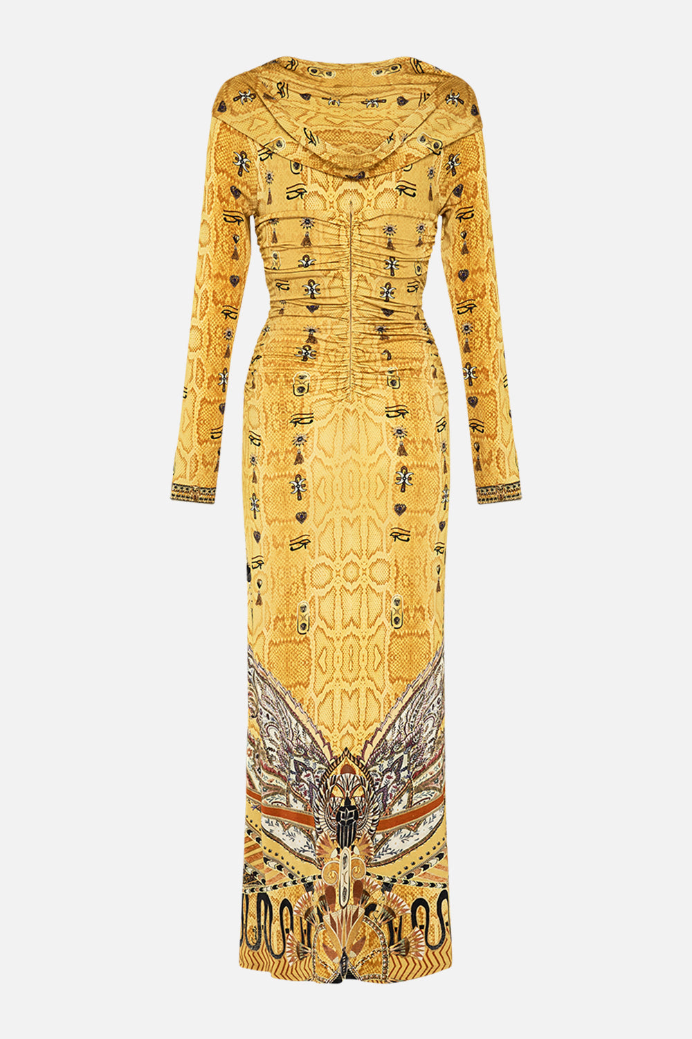 CAMILLA Gold Twist Front Jersey Hooded Dress in Valley of the Kings Print