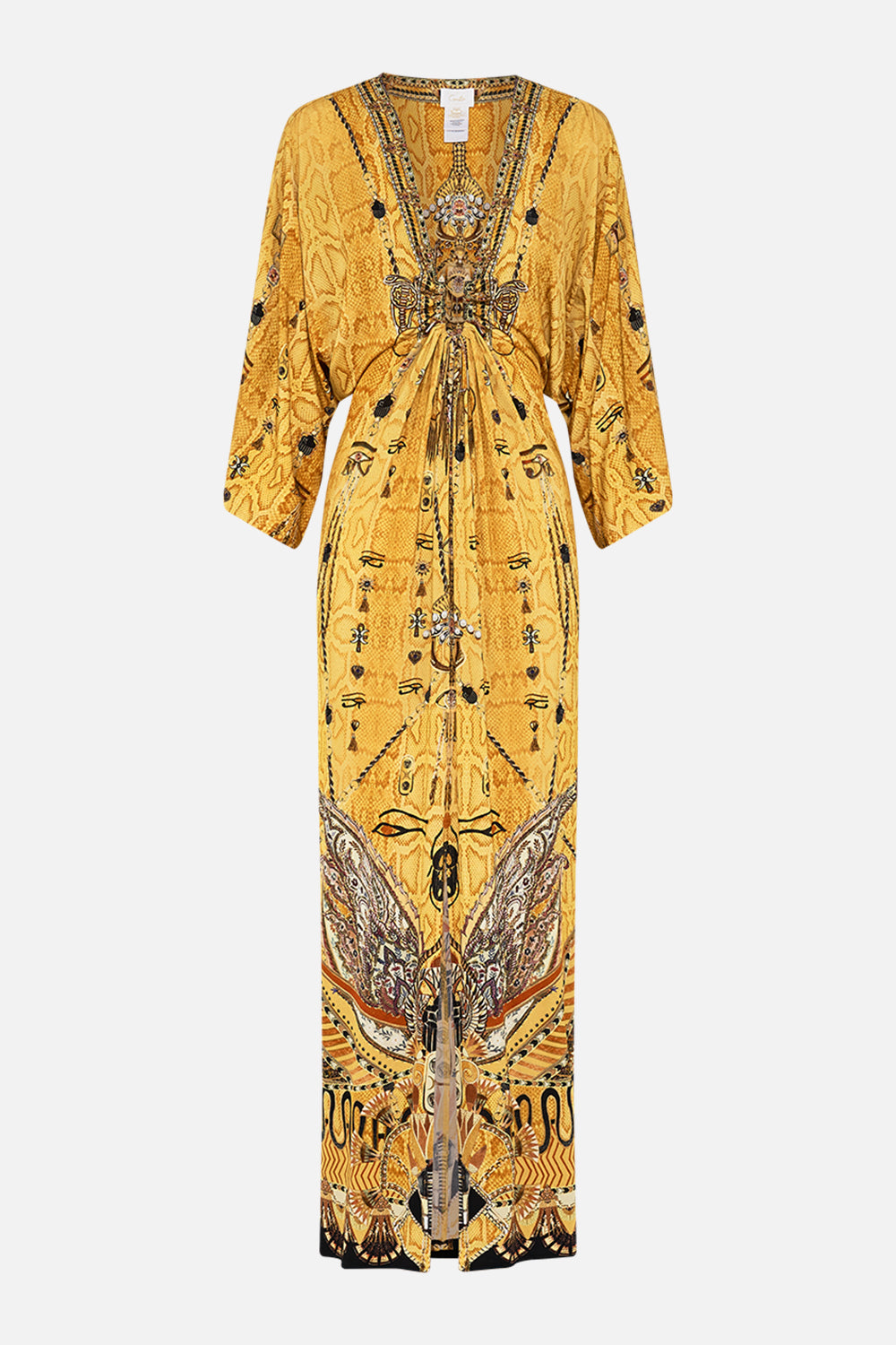CAMILLA Gold Draped Jersey Dress with Hardware in Valley of the Kings Print