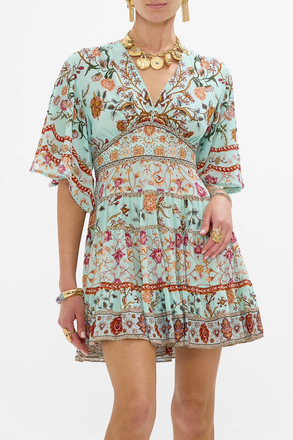 CAMILLA Tiered Skirt Mini Dress in Weaving Worlds print