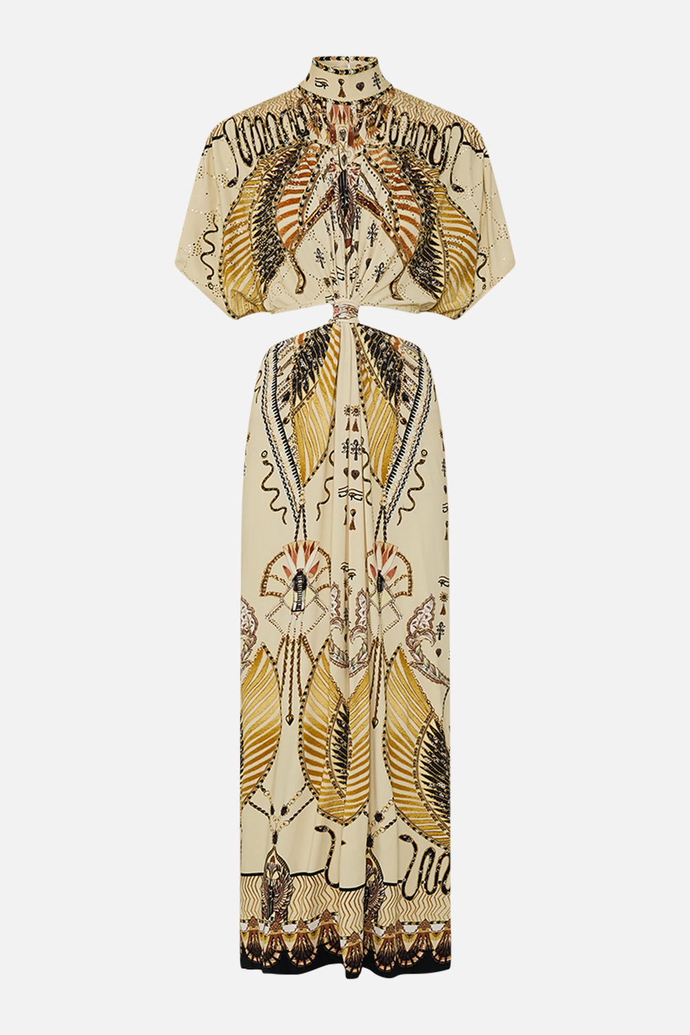 CAMILLA Gold High Neck Twist Cut-Out Jersey Dress in Gateway to the Afterlife Print