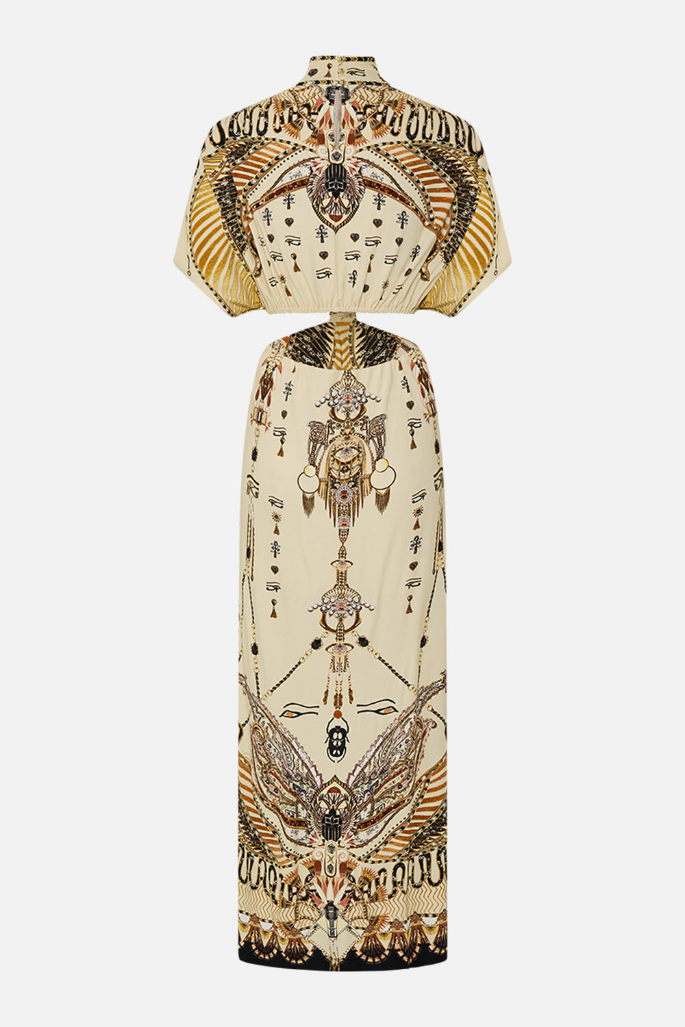 CAMILLA Gold High Neck Twist Cut-Out Jersey Dress in Gateway to the Afterlife Print