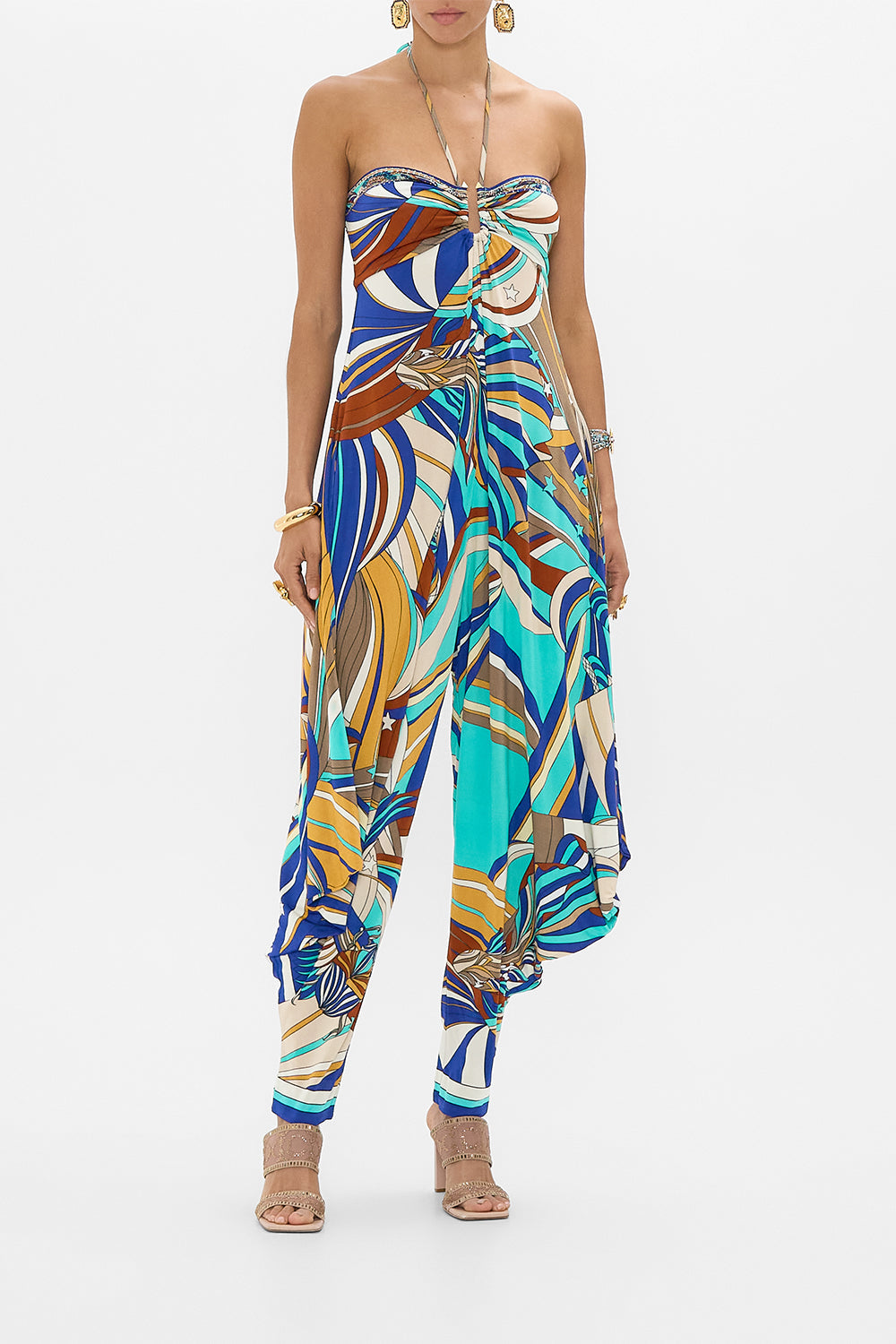 CAMILLA Jersey Draped Pant Jumpsuit in Oasis Oracle print. 