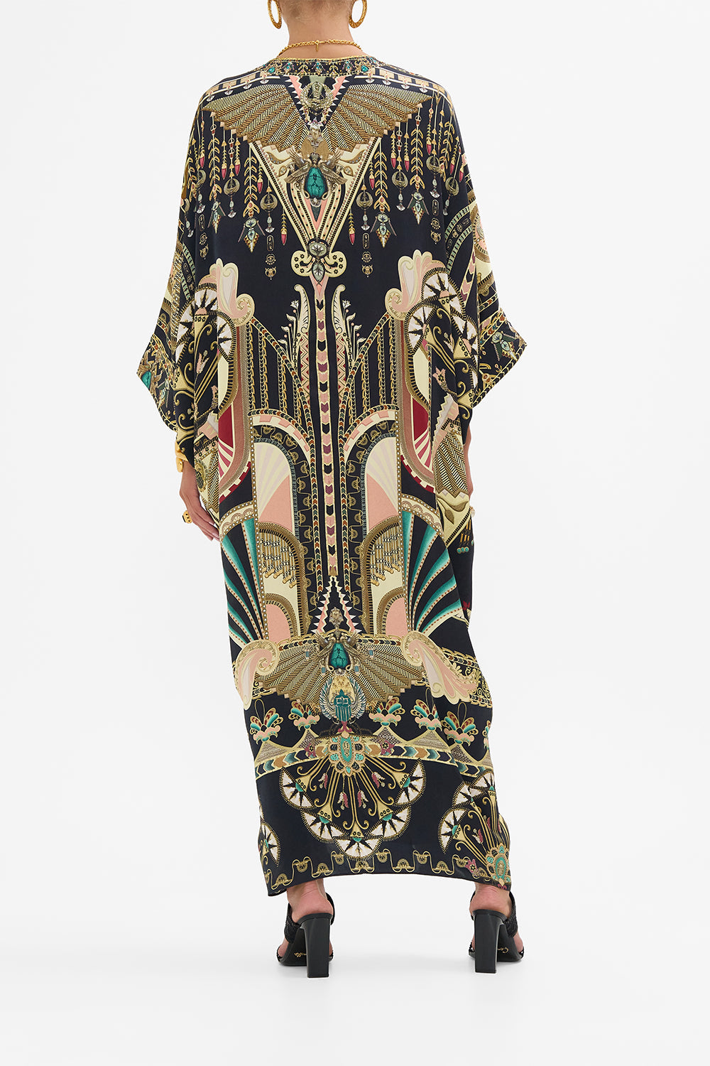 CAMILLA Black/Gold Pierced V-Neck Kaftan in They Called Her Nefertari print