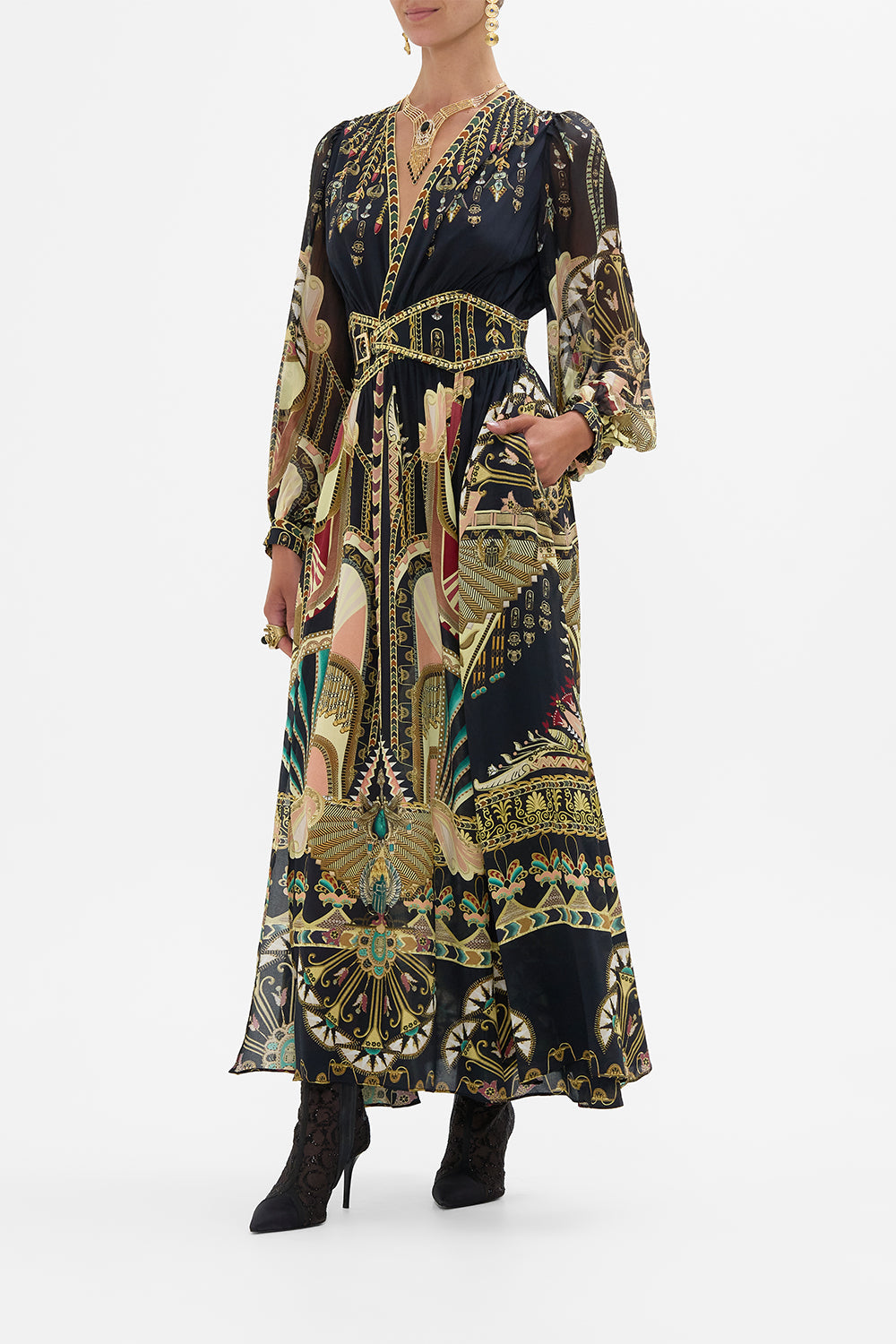 CAMILLA Black/Gold Peaked Waistband Long Dress in They Called Her Nefertari print
