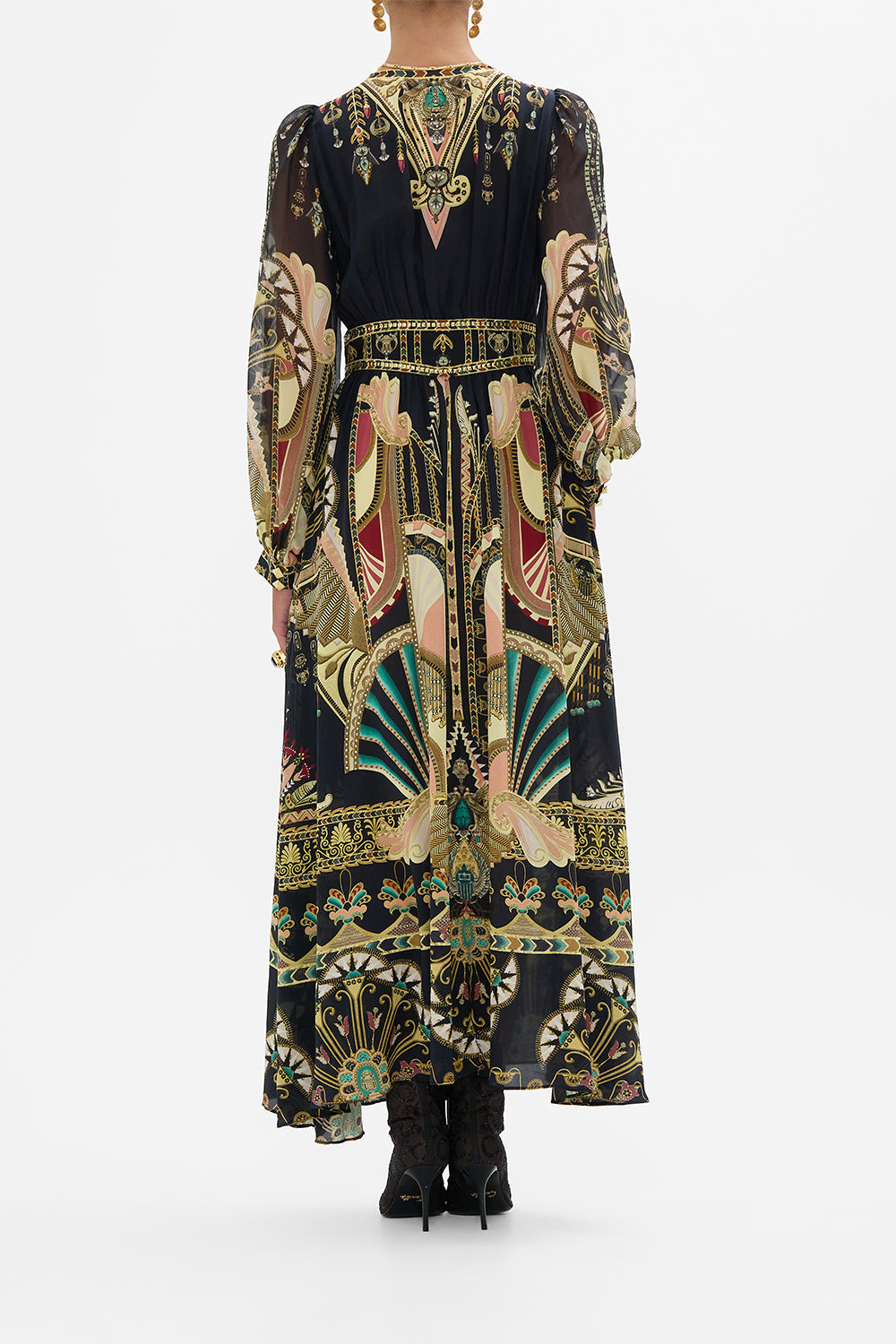 CAMILLA Black/Gold Peaked Waistband Long Dress in They Called Her Nefertari print