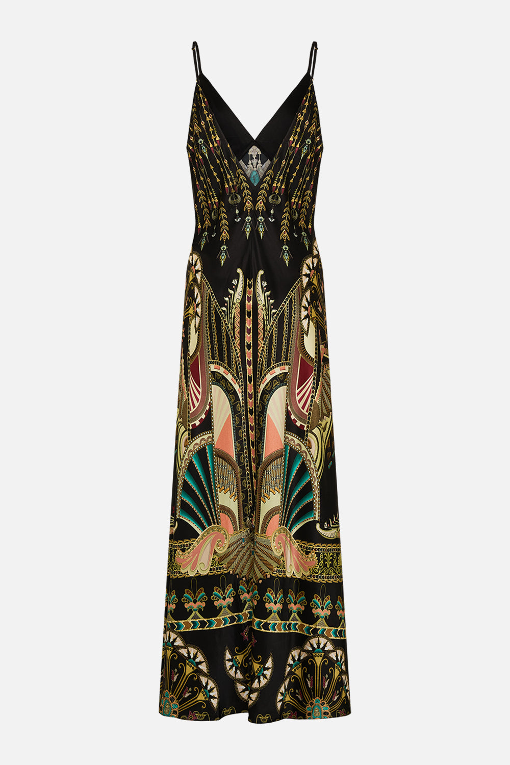 CAMILLA V-Neck Black/Gold Full Length Bias Slip Dress in They Called Her Nefertari print