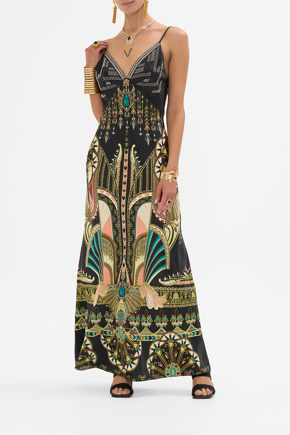 CAMILLA V-Neck Black/Gold Full Length Bias Slip Dress in They Called Her Nefertari print