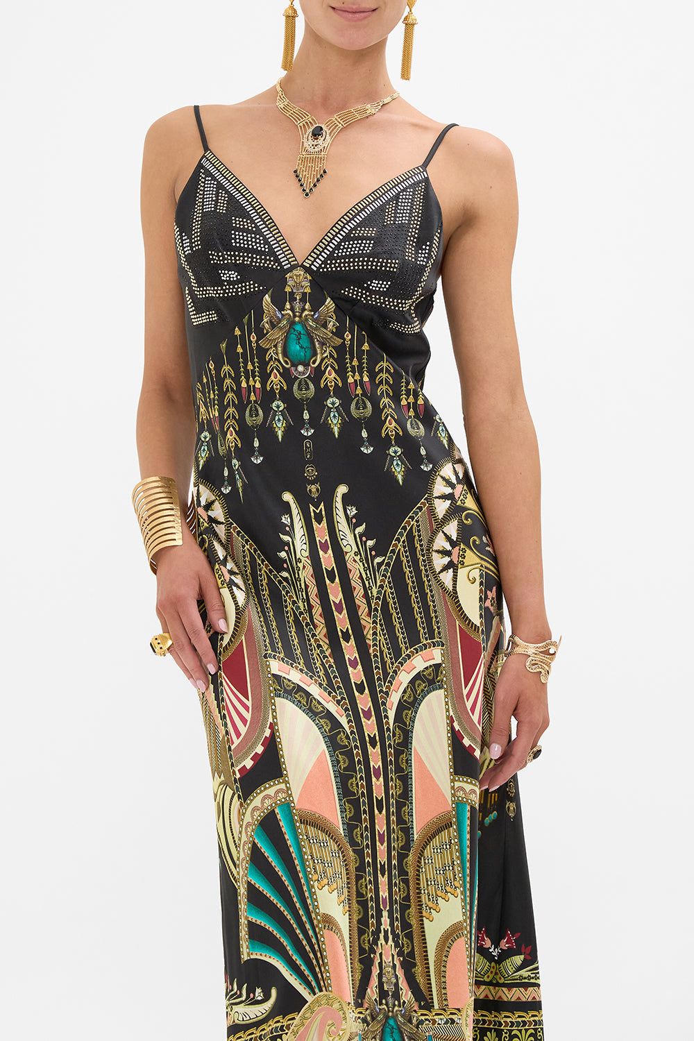 CAMILLA V-Neck Black/Gold Full Length Bias Slip Dress in They Called Her Nefertari print