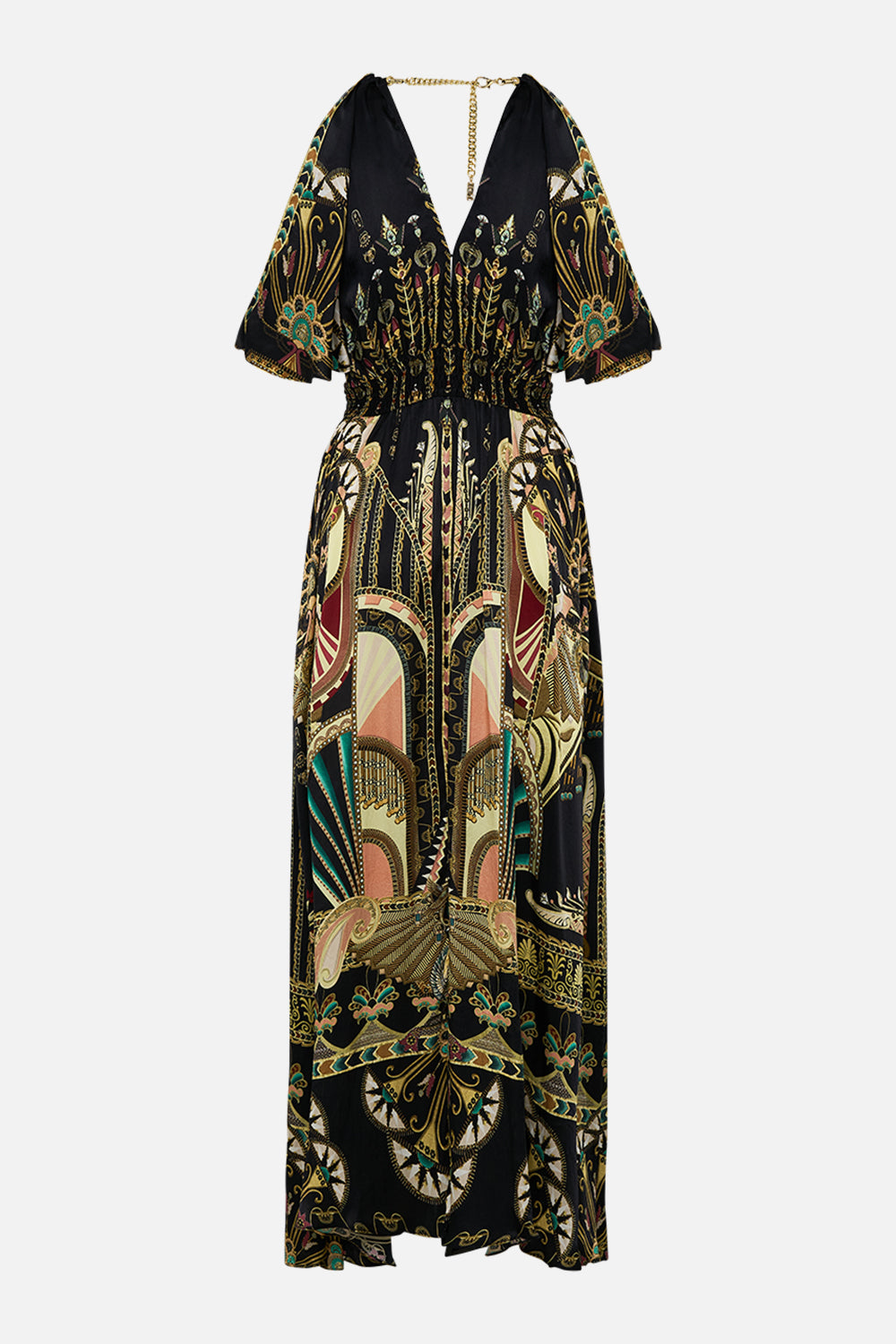 CAMILLA Neck Piece Shirred Waist Long Dress in They Called Her Nefertari print