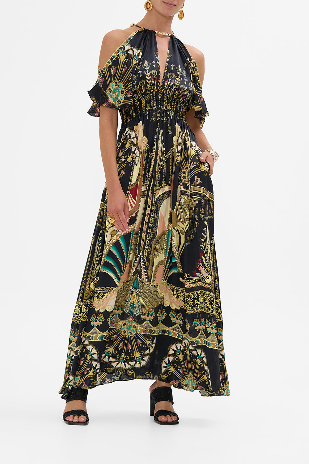 CAMILLA Neck Piece Shirred Waist Long Dress in They Called Her Nefertari print