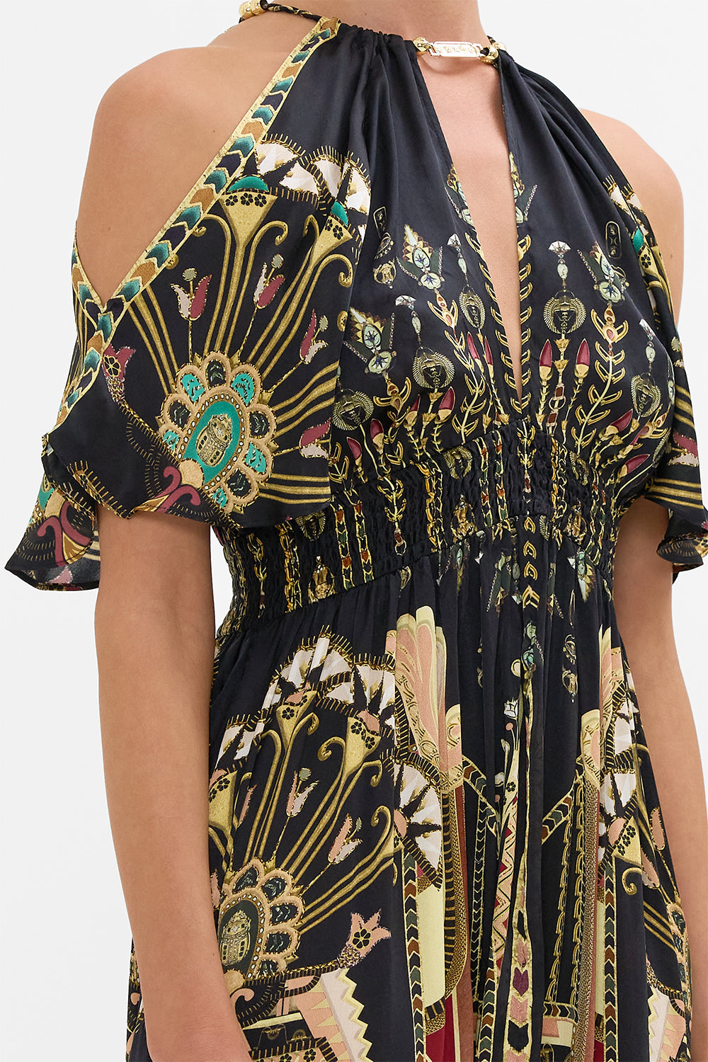 CAMILLA Neck Piece Shirred Waist Long Dress in They Called Her Nefertari print