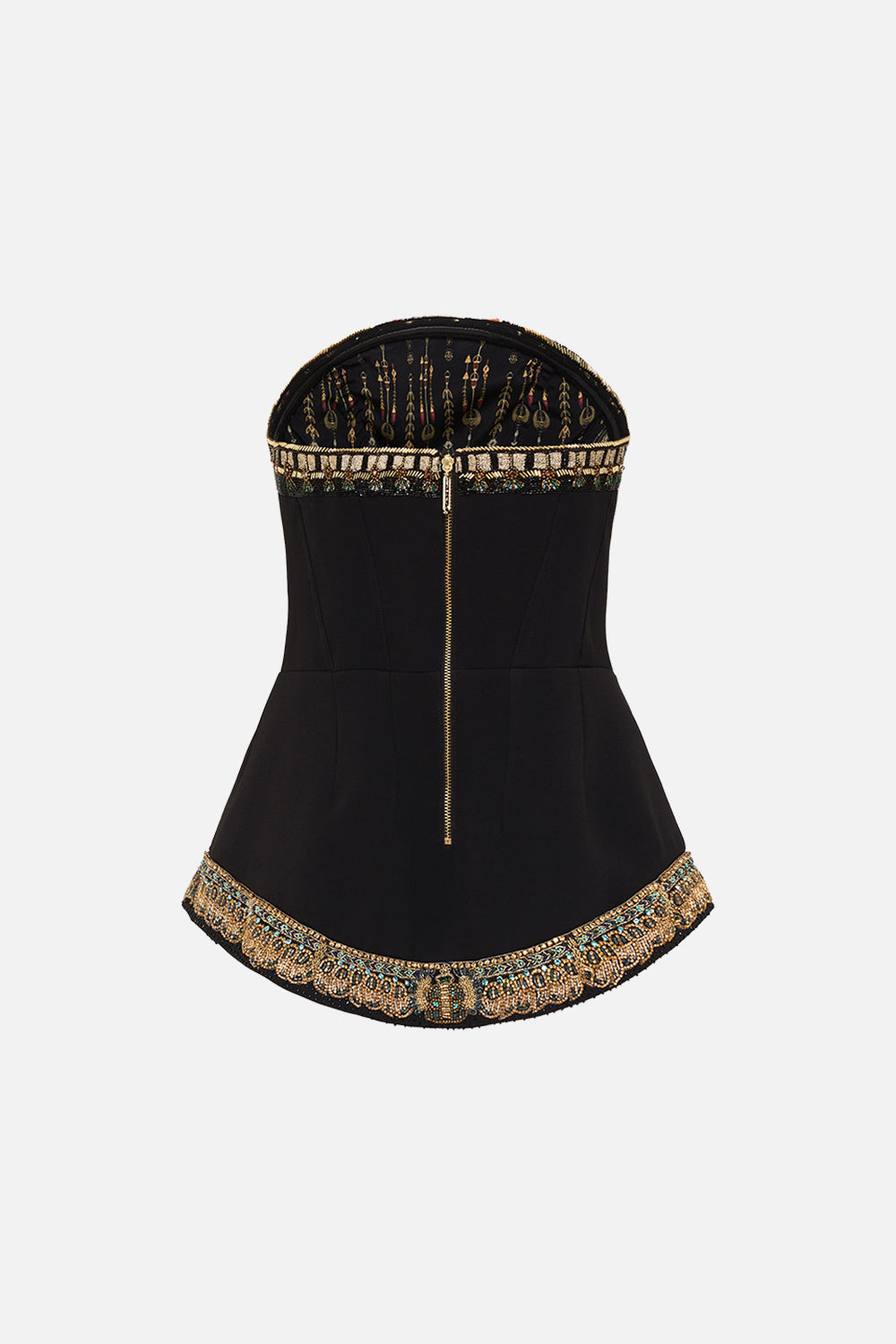 CAMILLA Black/Gold Heavily Embellished Curved Hem Detail Corset in They Called Her Nefertari print