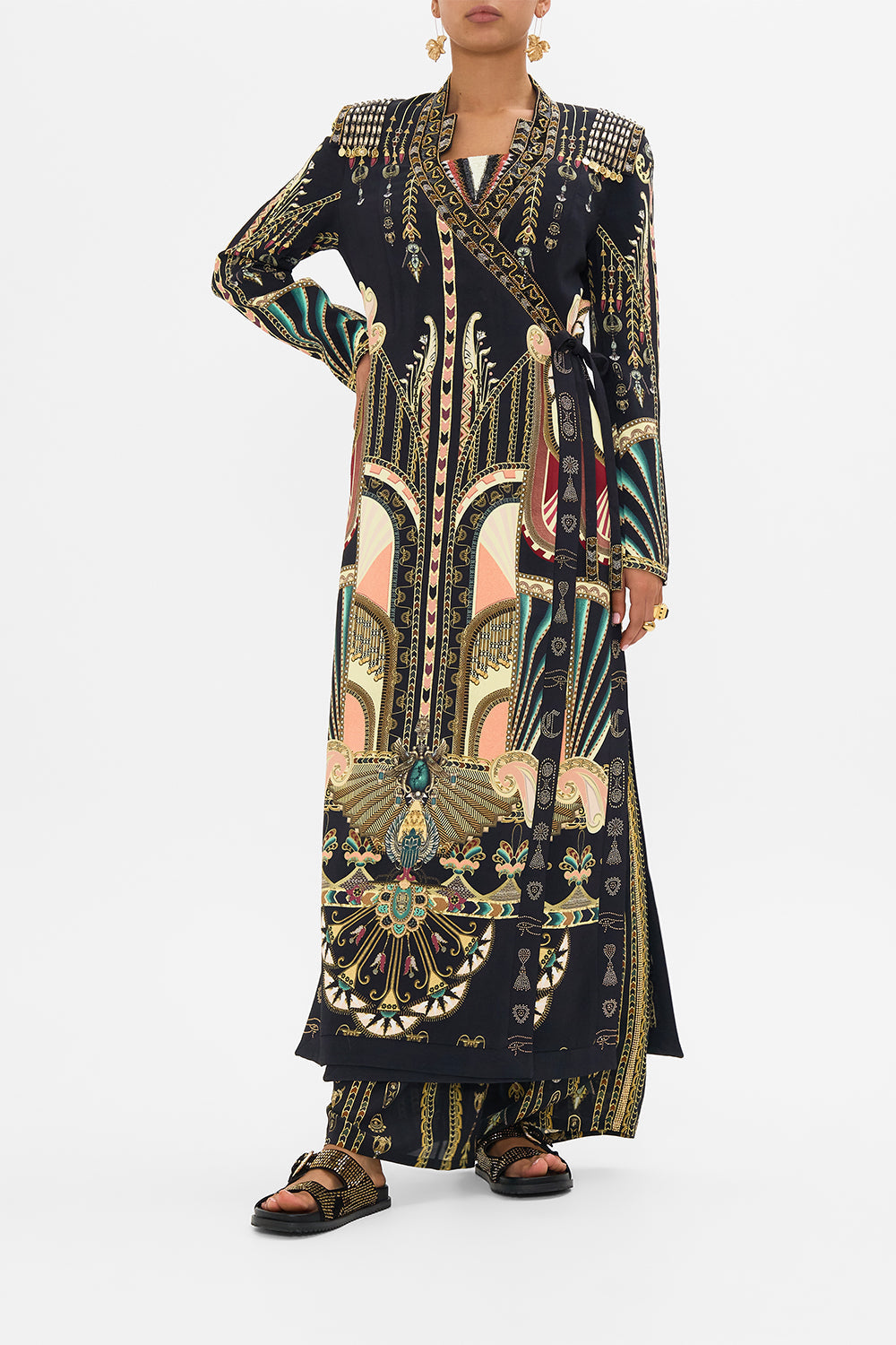 CAMILLA Black/Gold Hand Embellished Cross Over Coat in They Called Her Nefertari print
