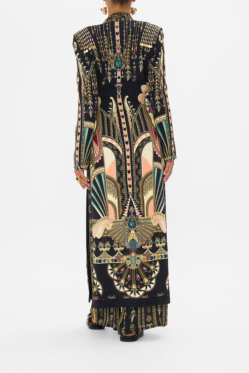 CAMILLA Black/Gold Hand Embellished Cross Over Coat in They Called Her Nefertari print