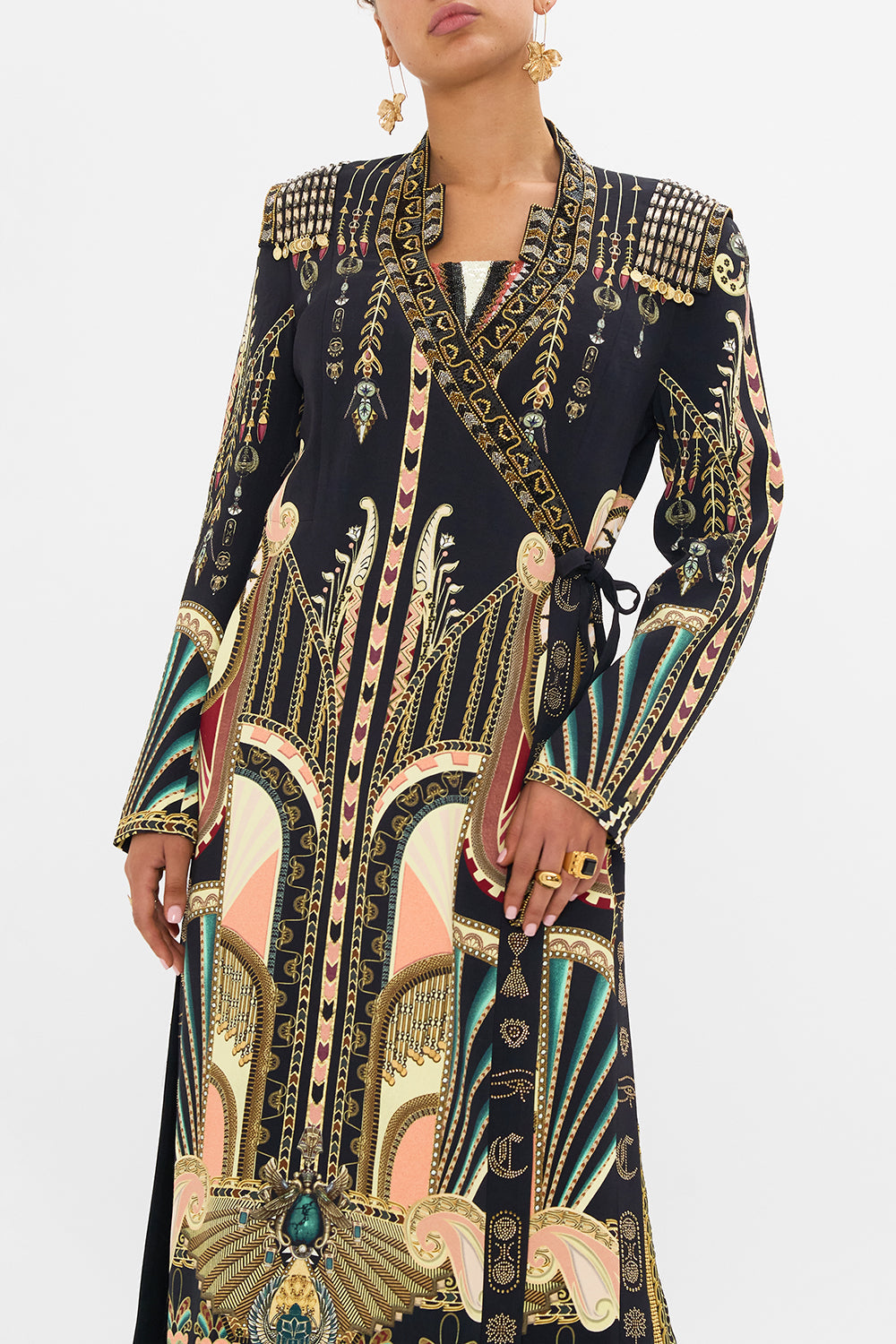 CAMILLA Black/Gold Hand Embellished Cross Over Coat in They Called Her Nefertari print