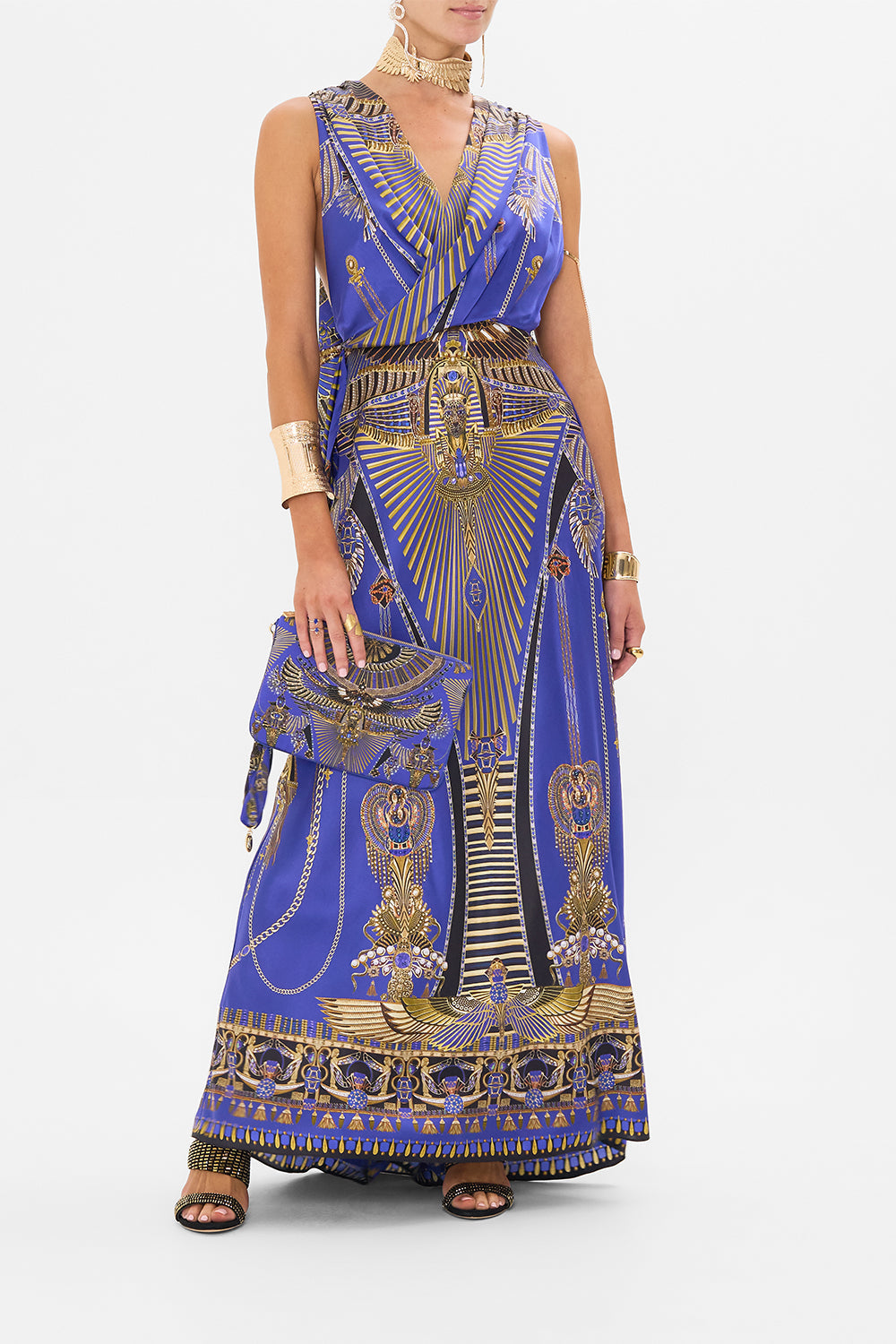 CAMILLA Sleeveless Draped T Back Long Dress in My Fair Pharaoh print. 