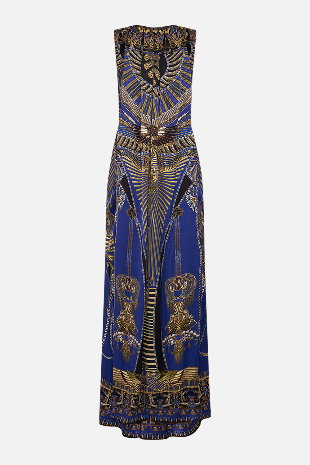 CAMILLA Sleeveless Draped T Back Long Dress in My Fair Pharaoh print. 