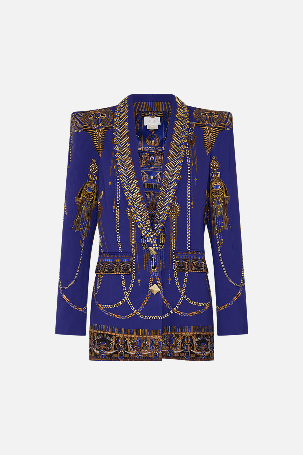 CAMILLA Peaked Shoulder Blazer in My Fair Pharaoh print. 