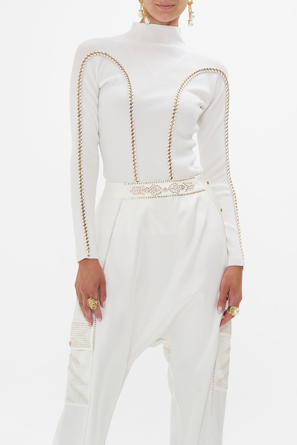 CAMILLA High Neck Knit Top in Valley Of The Queens print. 