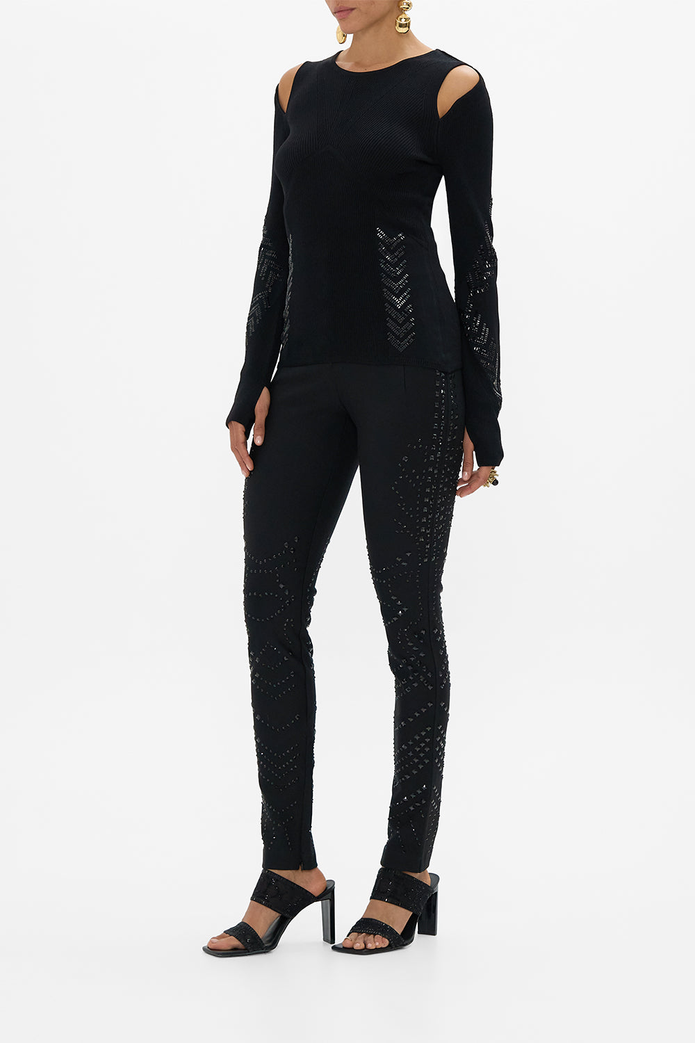 CAMILLA Engineered Cut Out Long Sleeve Knit Top in Cartouche Kingdom print. 