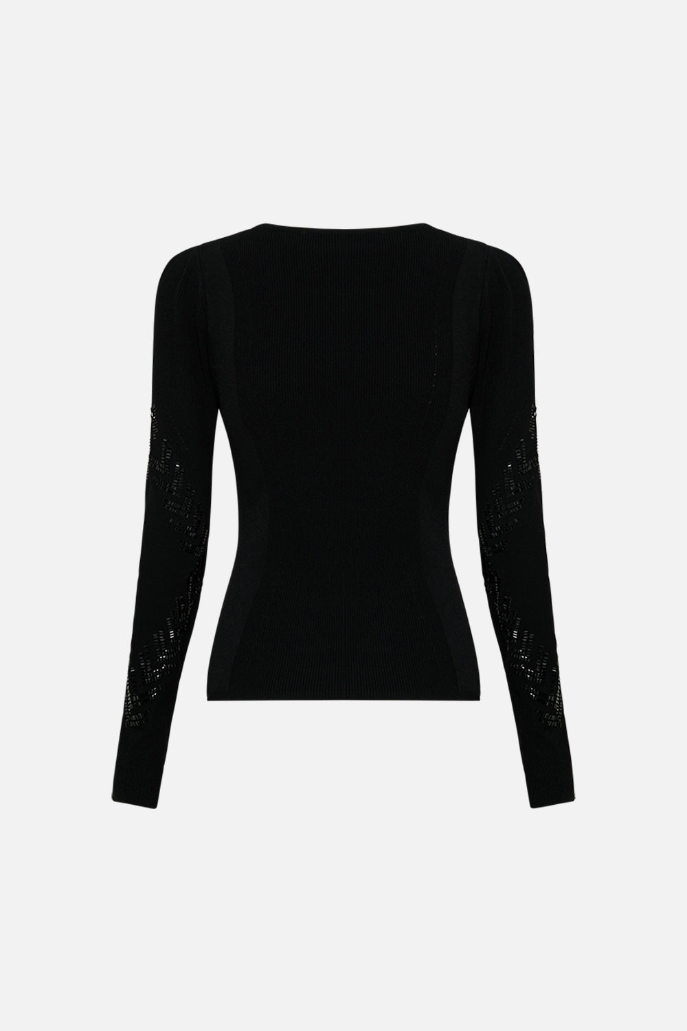 CAMILLA Engineered Cut Out Long Sleeve Knit Top in Cartouche Kingdom print. 